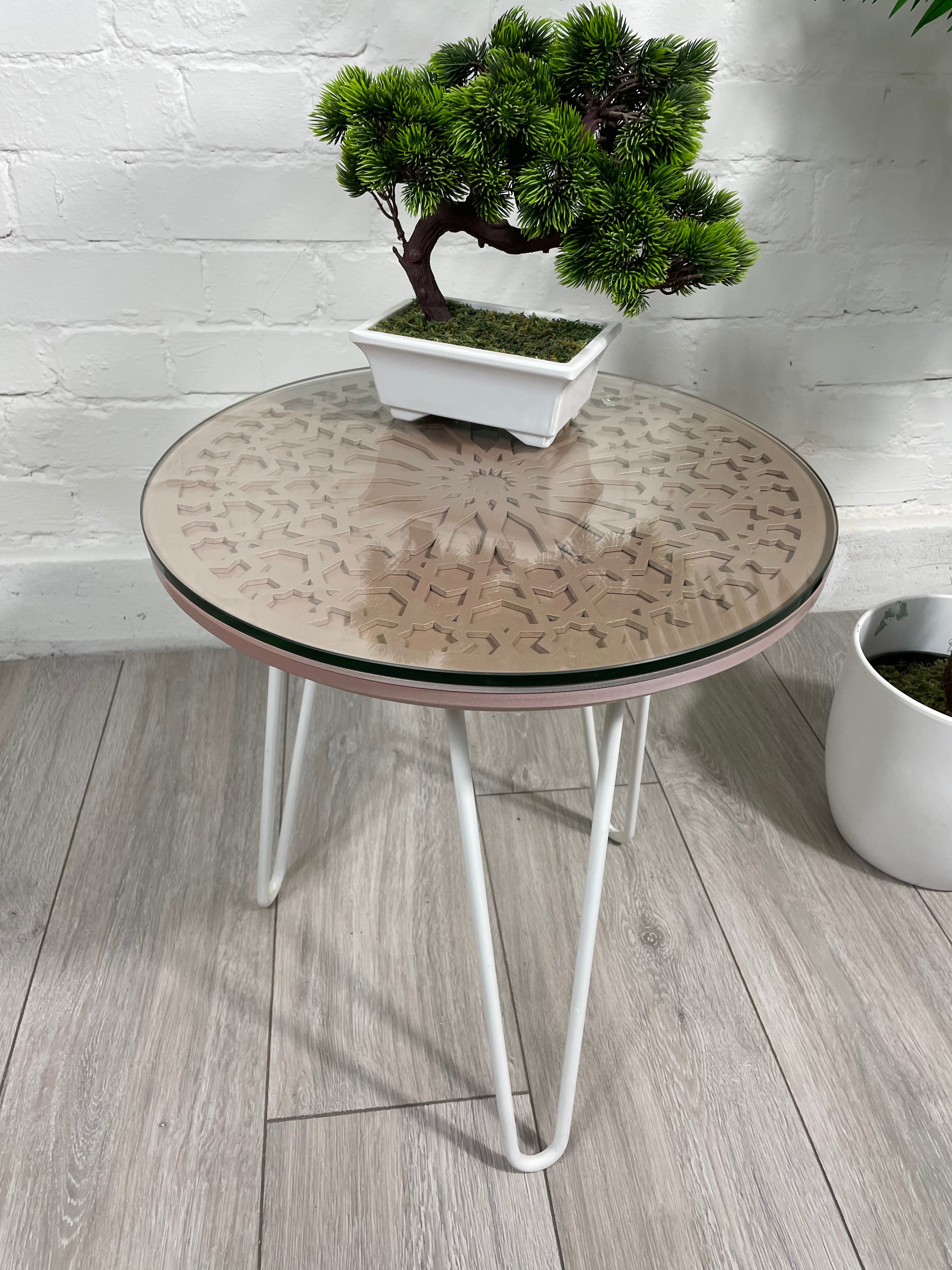 Moroccan Mosaic Side Table Pin Legs, Zellige Table In Pastel Dusty Pink with Glass Top