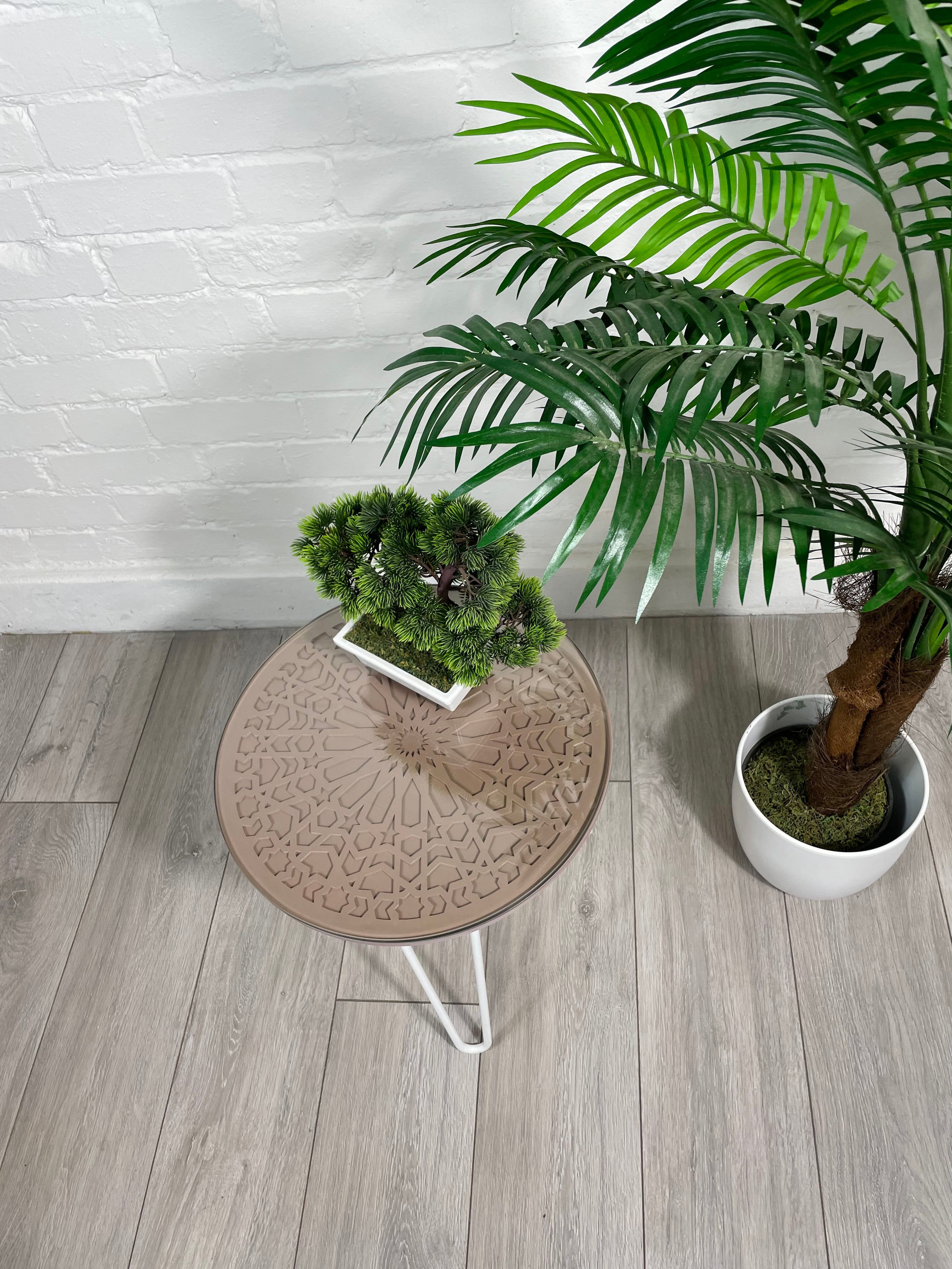 Moroccan Mosaic Side Table Pin Legs, Zellige Table In Pastel Dusty Pink with Glass Top