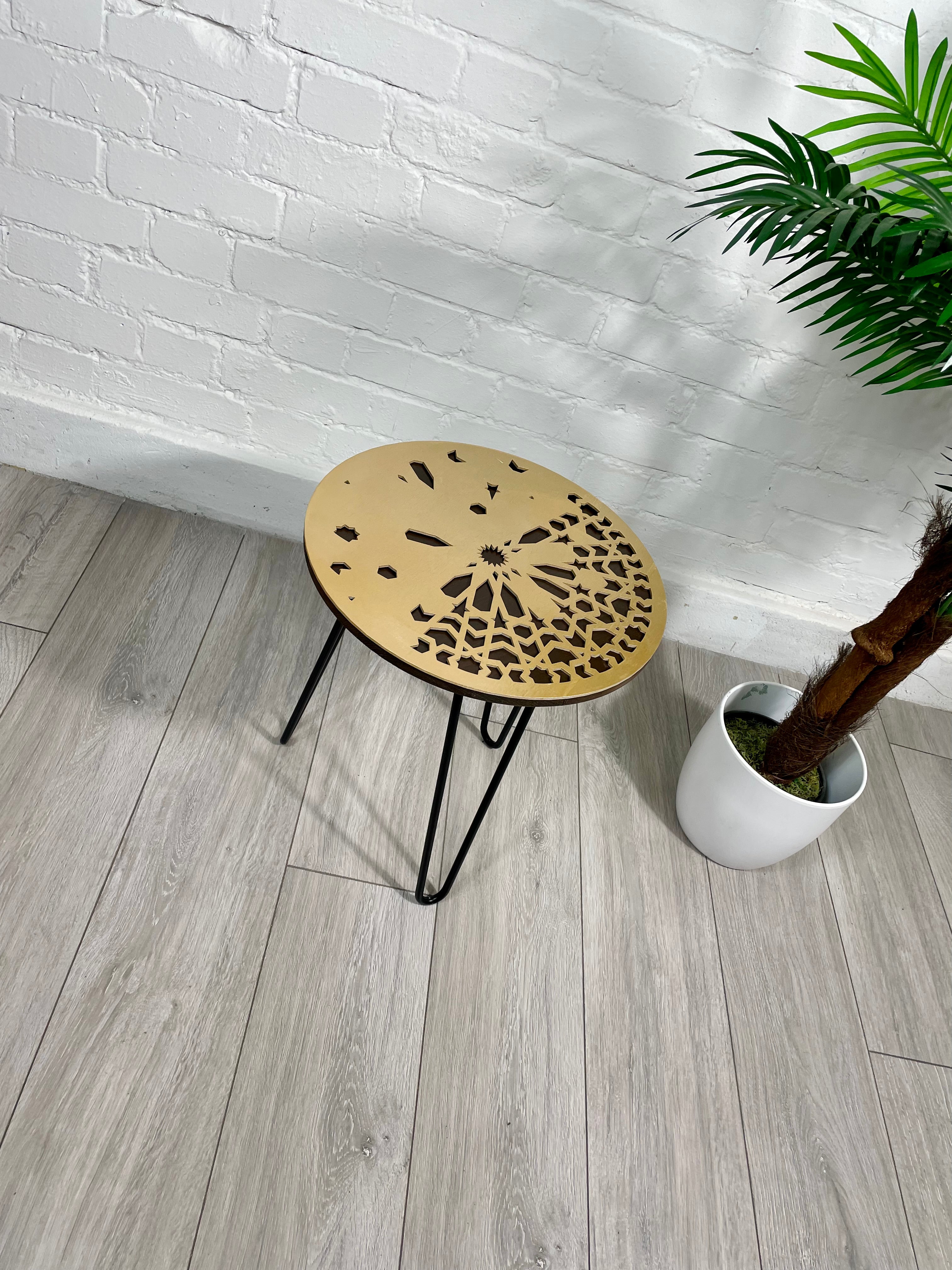 Moroccan Mosaic Side Table Pin Legs, Zellige Table Antique Gold and Walnut Wood Stain with Glass Top