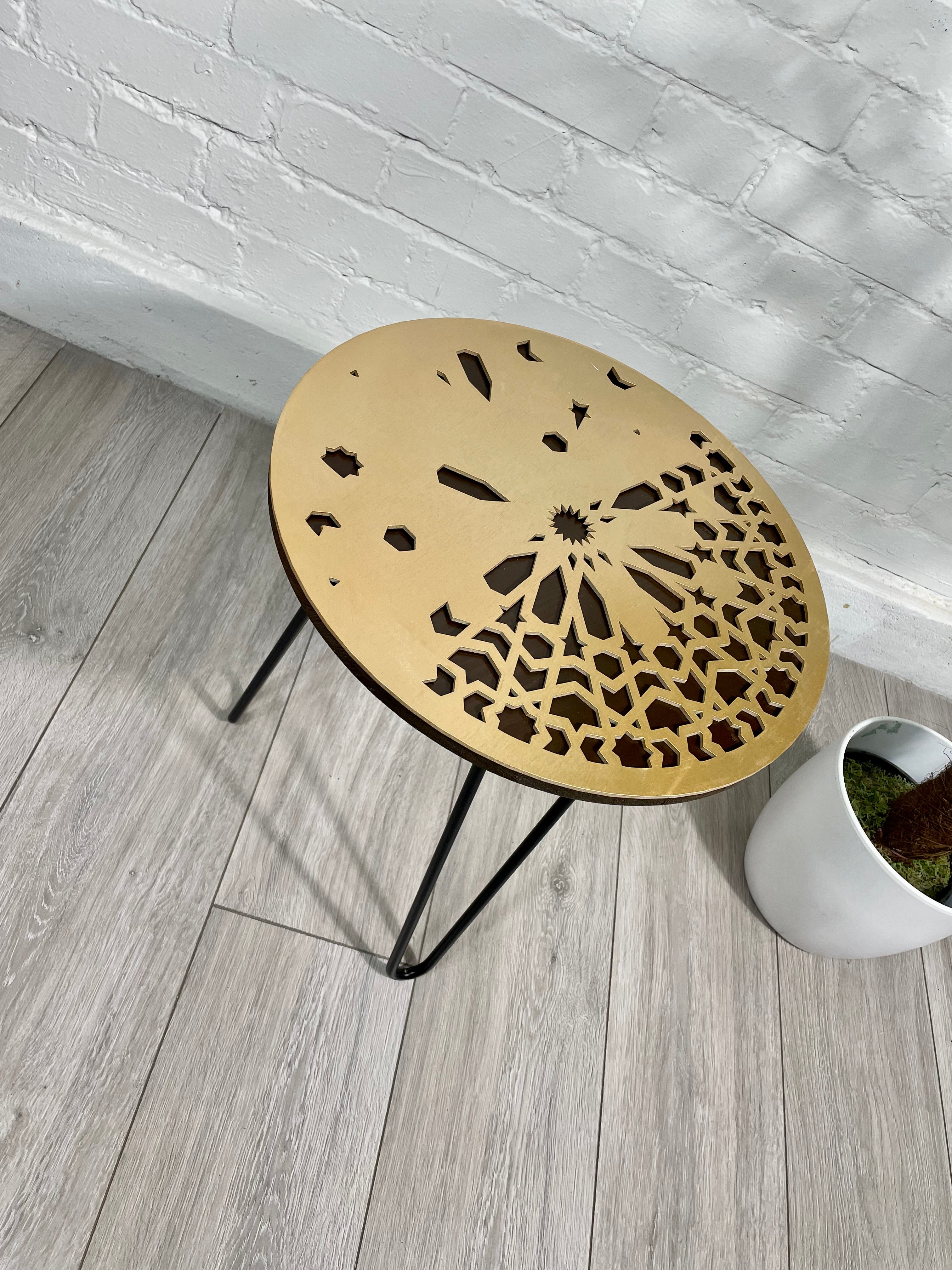 Moroccan Mosaic Side Table Pin Legs, Zellige Table Antique Gold and Walnut Wood Stain with Glass Top