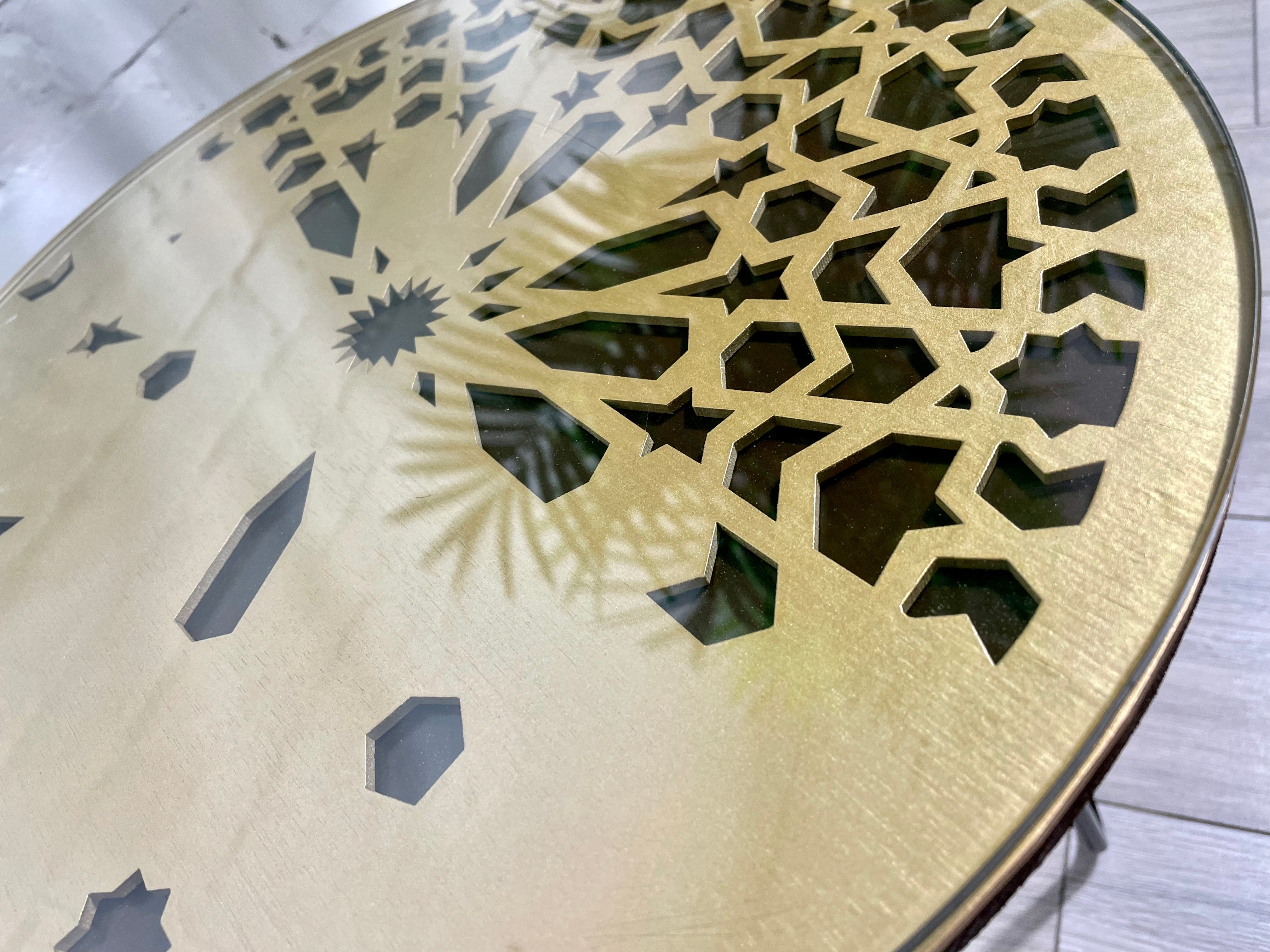 Moroccan Mosaic Side Table Pin Legs, Zellige Table Antique Gold and Walnut Wood Stain with Glass Top