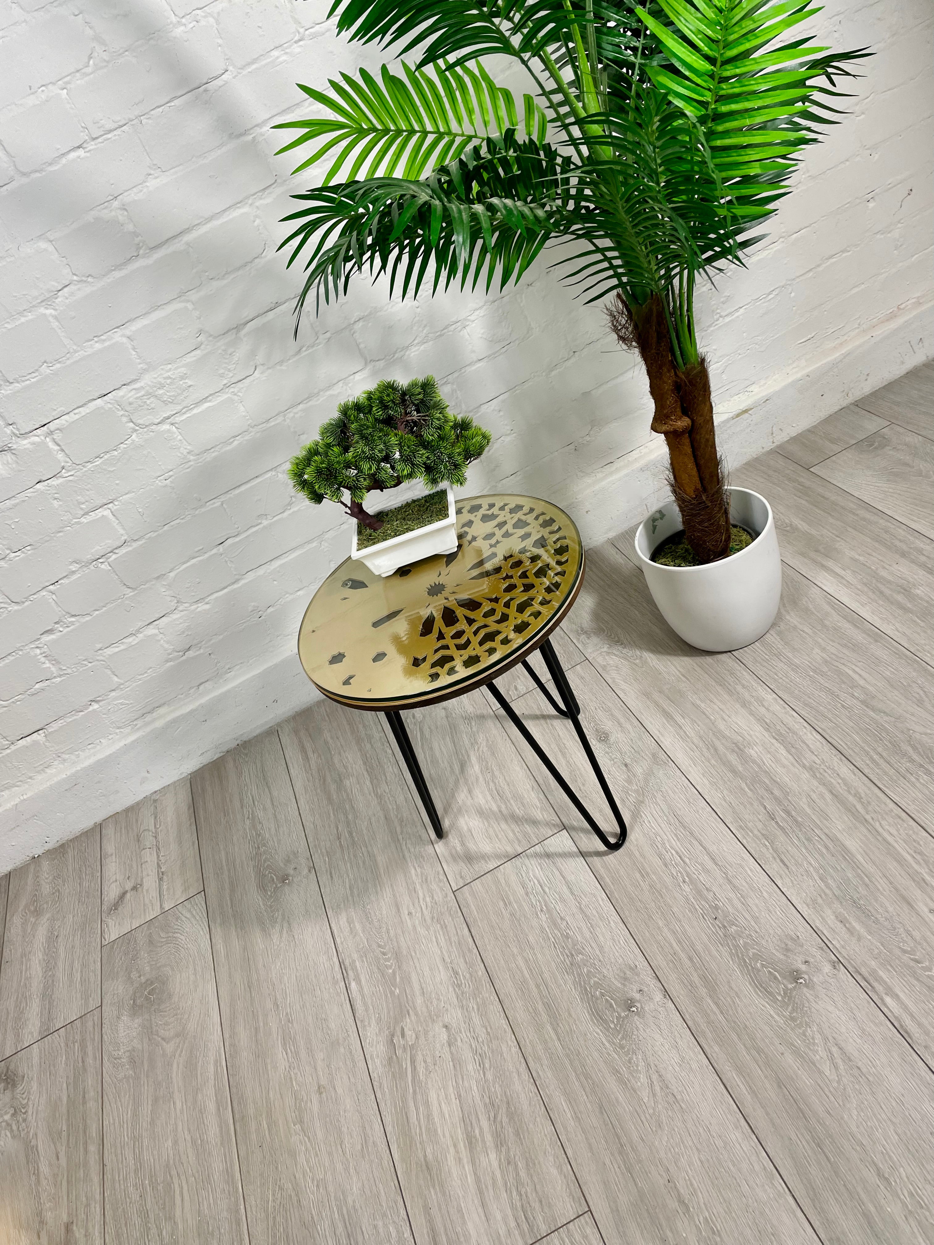 Moroccan Mosaic Side Table Pin Legs, Zellige Table Antique Gold and Walnut Wood Stain with Glass Top