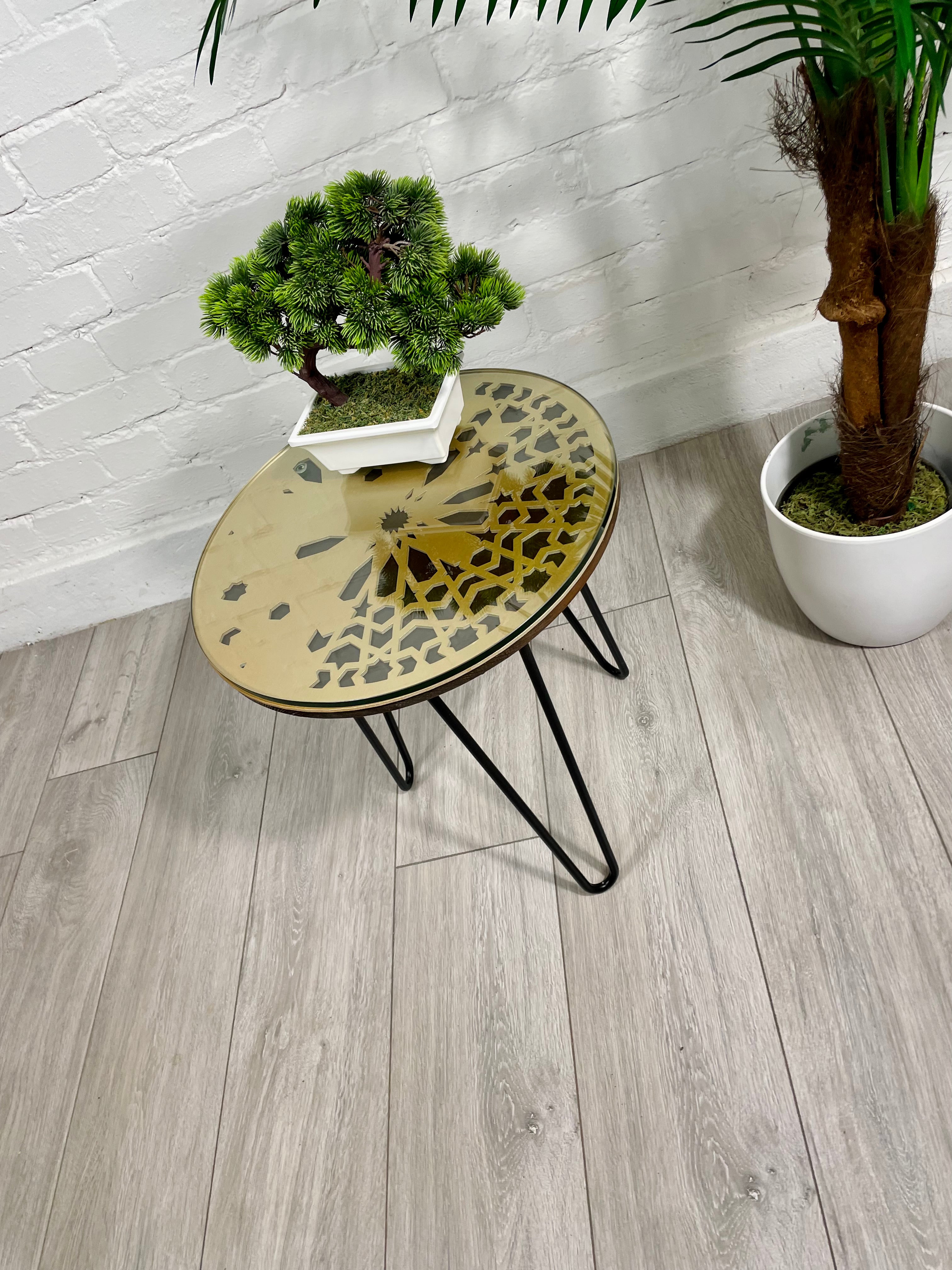 Moroccan Mosaic Side Table Pin Legs, Zellige Table Antique Gold and Walnut Wood Stain with Glass Top