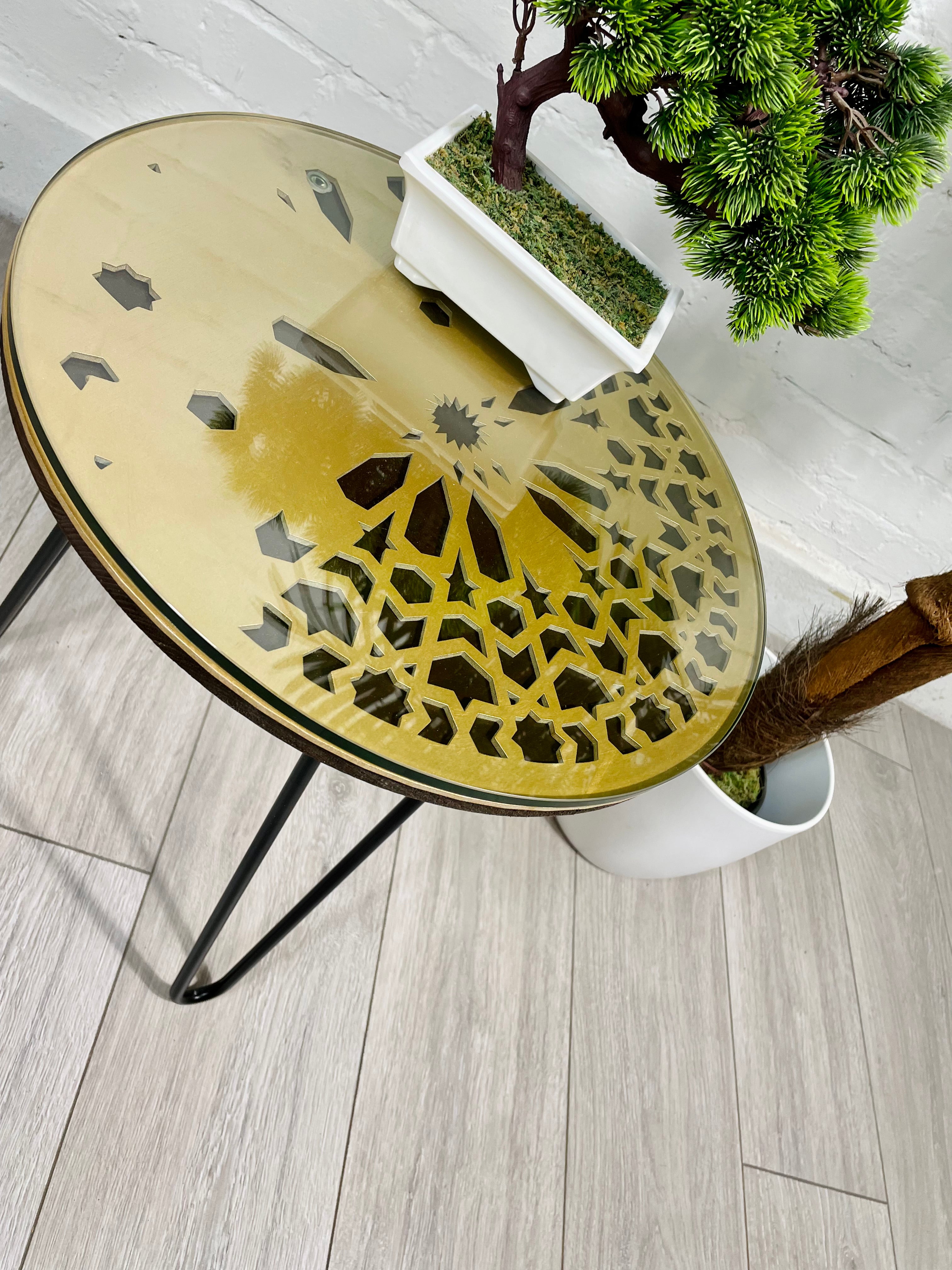 Moroccan Mosaic Side Table Pin Legs, Zellige Table Antique Gold and Walnut Wood Stain with Glass Top