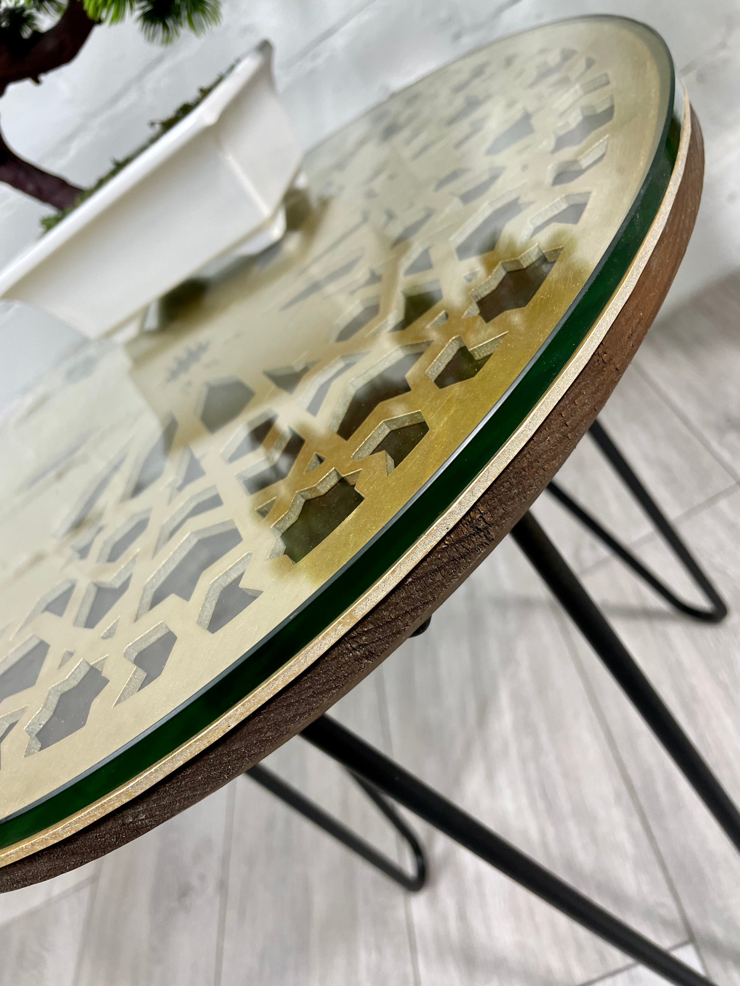 Moroccan Mosaic Side Table Pin Legs, Zellige Table Antique Gold and Walnut Wood Stain with Glass Top