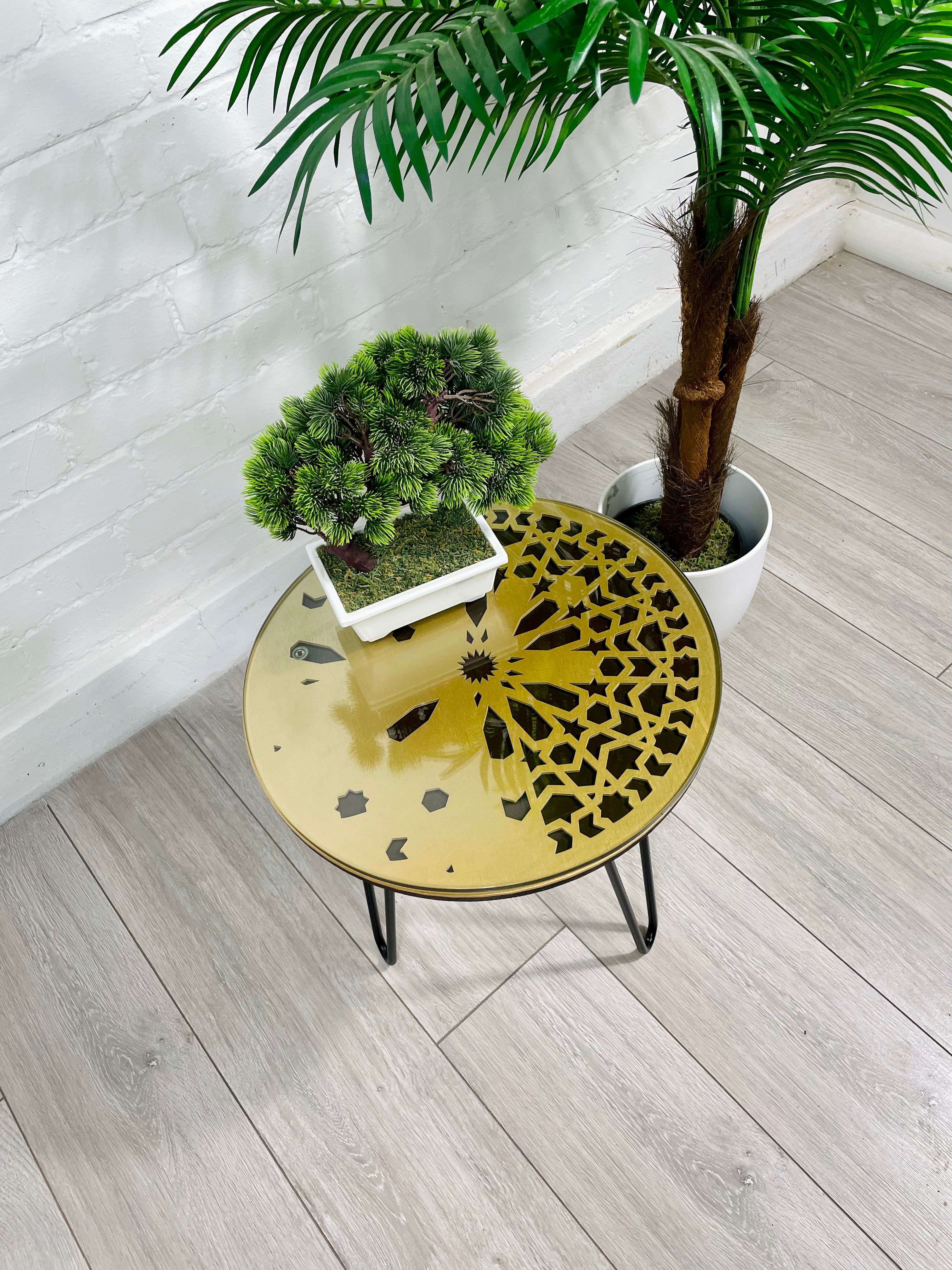 Moroccan Mosaic Side Table Pin Legs, Zellige Table Antique Gold and Walnut Wood Stain with Glass Top