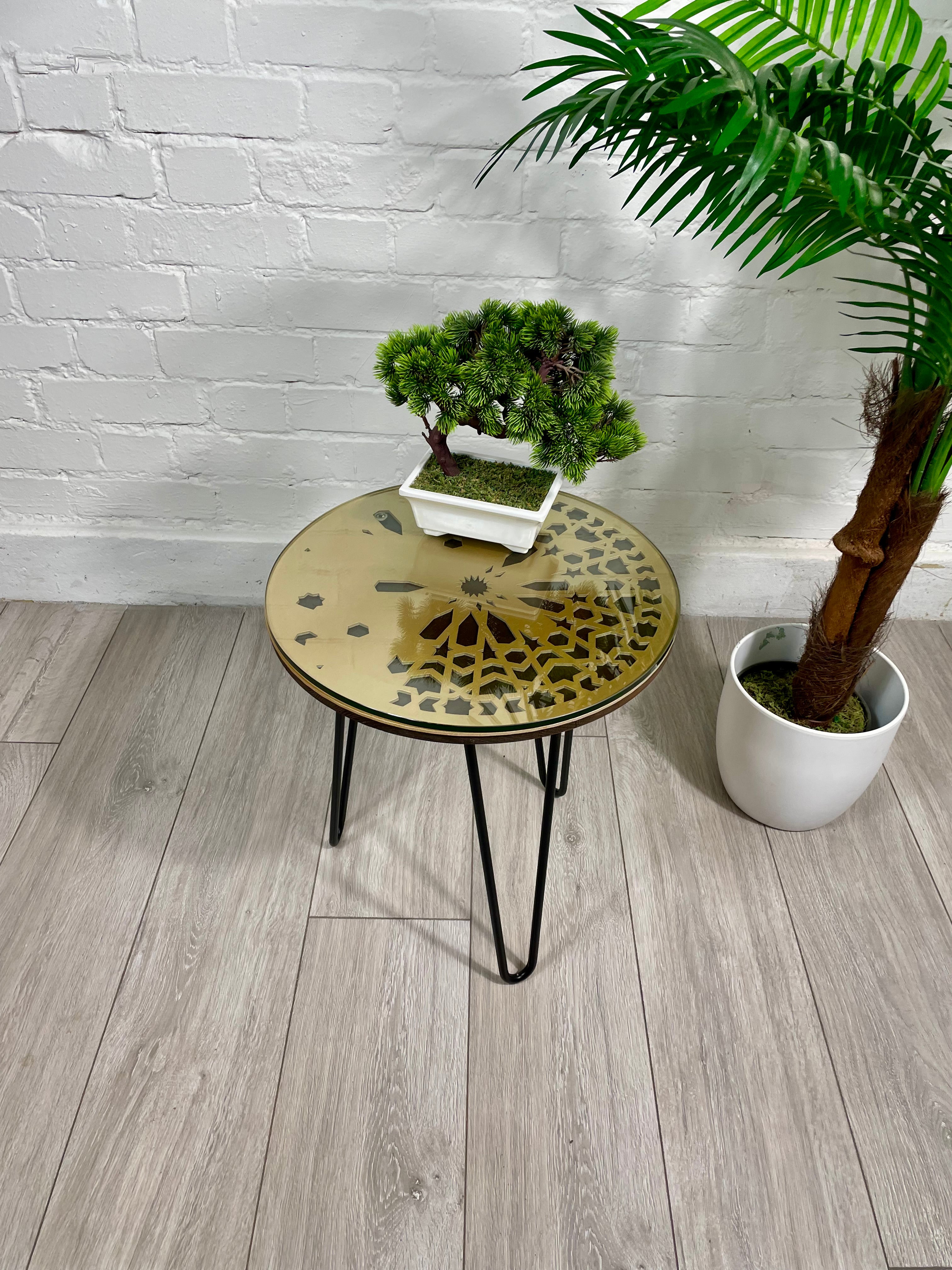 Moroccan Mosaic Side Table Pin Legs, Zellige Table Antique Gold and Walnut Wood Stain with Glass Top