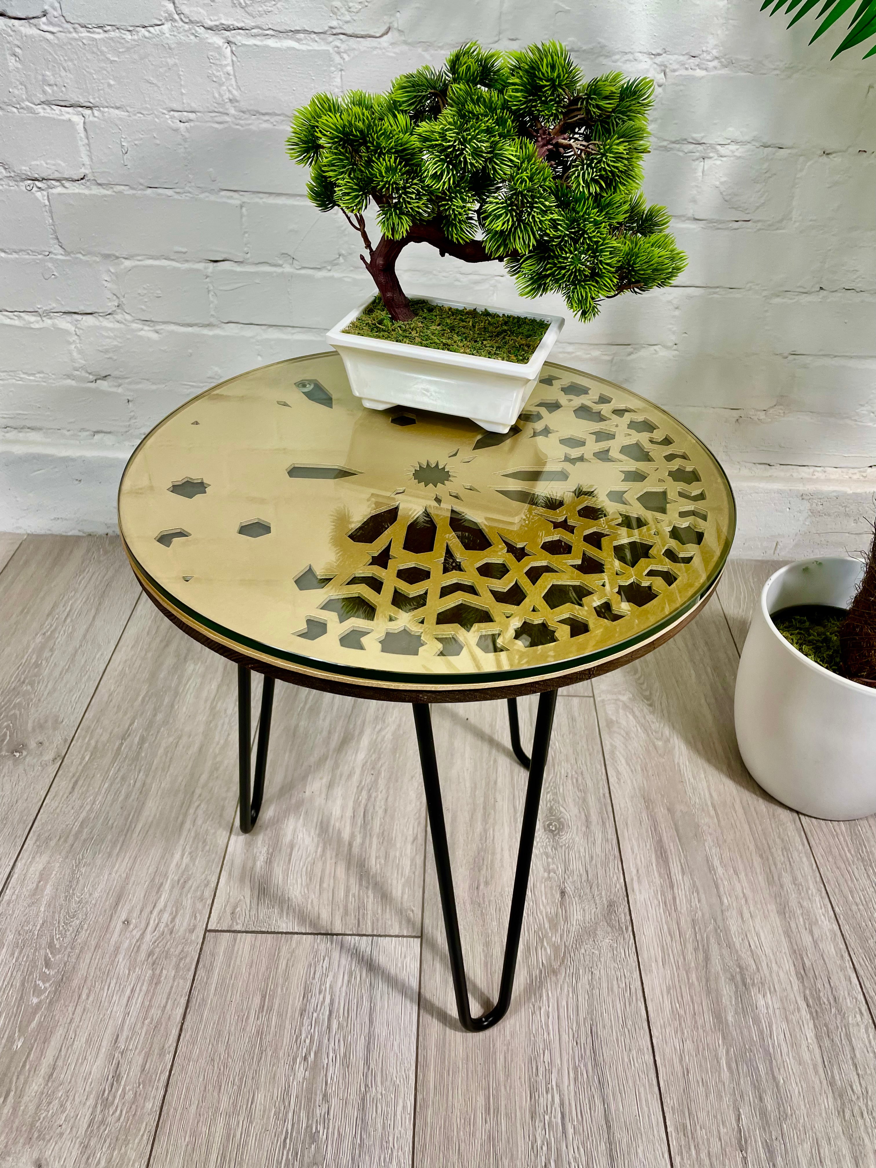 Moroccan Mosaic Side Table Pin Legs, Zellige Table Antique Gold and Walnut Wood Stain with Glass Top