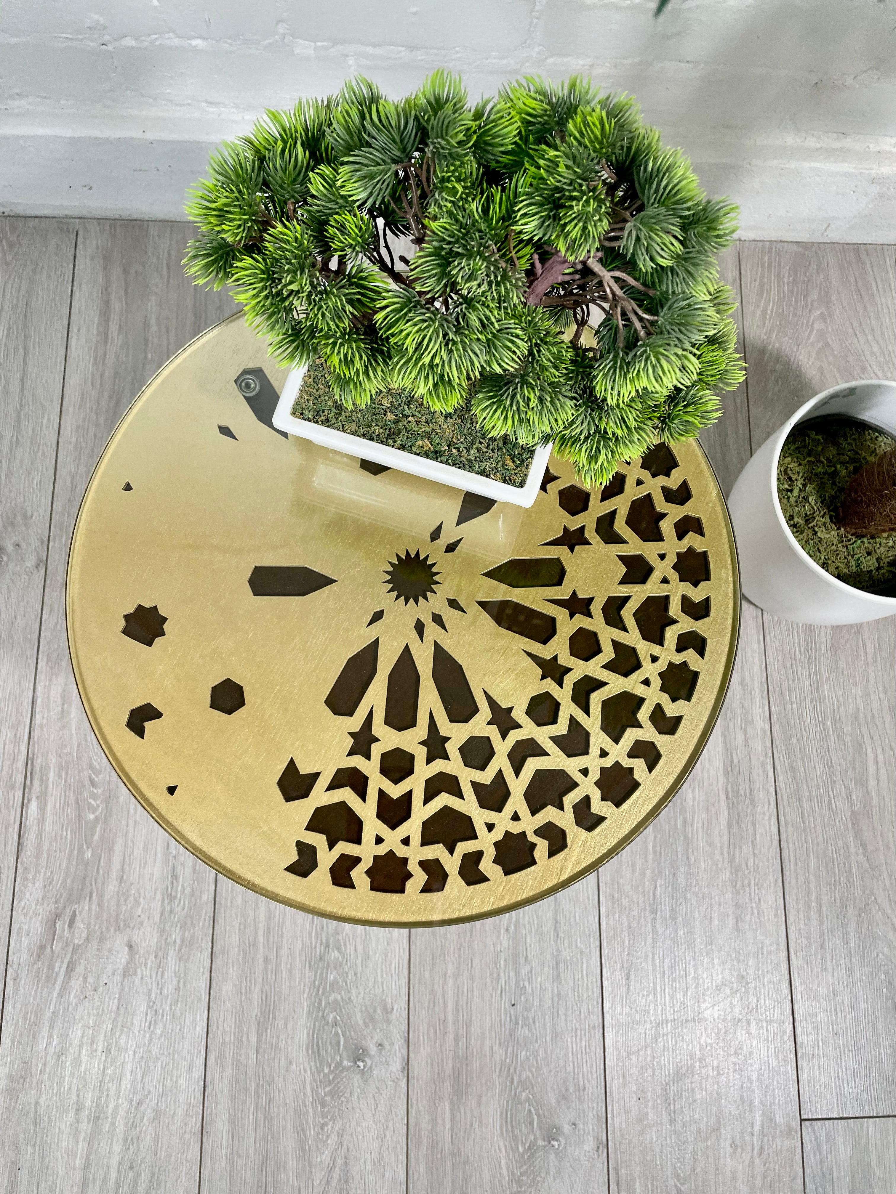 Moroccan Mosaic Side Table Pin Legs, Zellige Table Antique Gold and Walnut Wood Stain with Glass Top