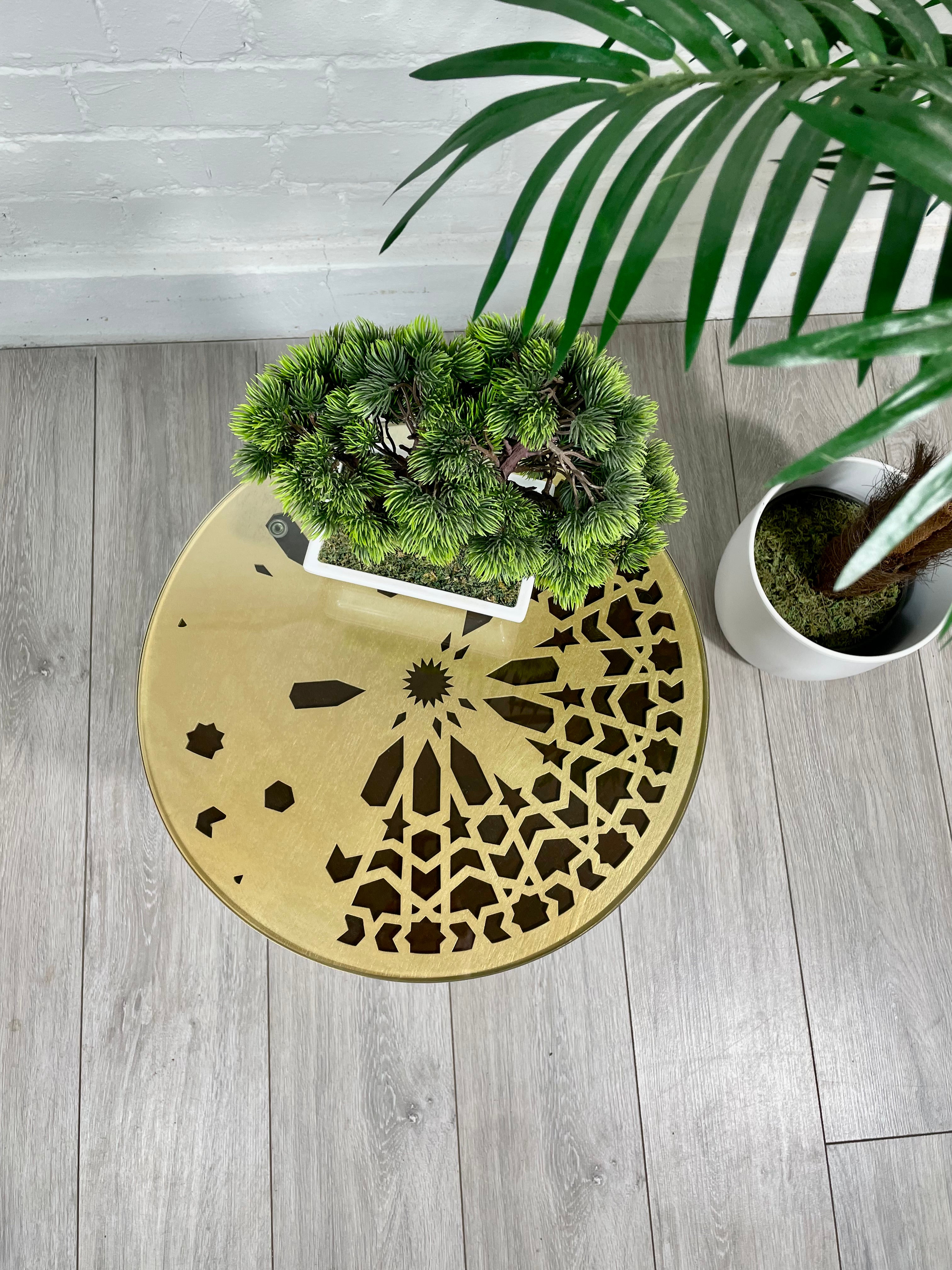 Moroccan Mosaic Side Table Pin Legs, Zellige Table Antique Gold and Walnut Wood Stain with Glass Top