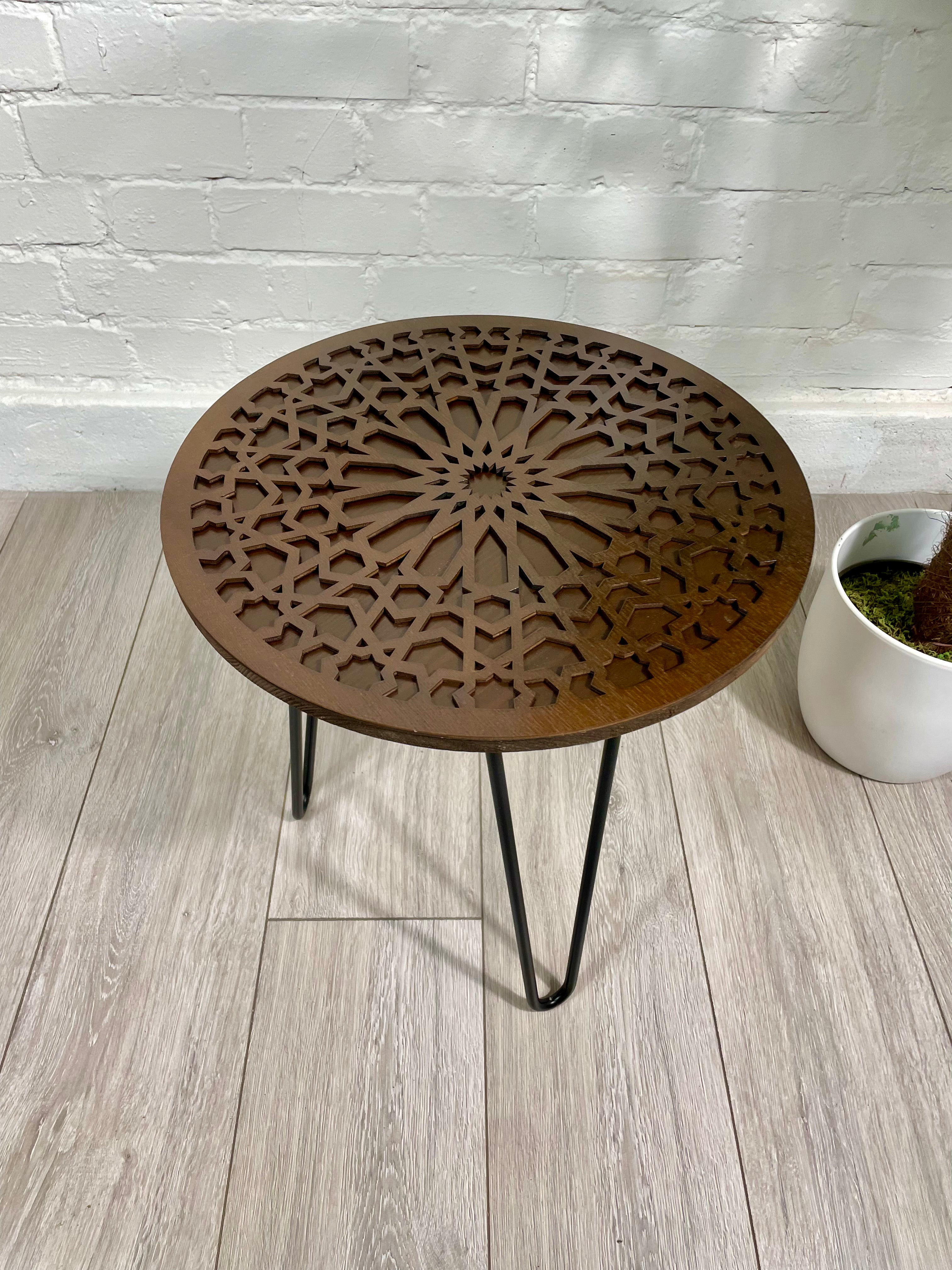 Moroccan Mosaic Side Table Pin Legs, Zellige Table Walnut Wood Stain with Glass Top