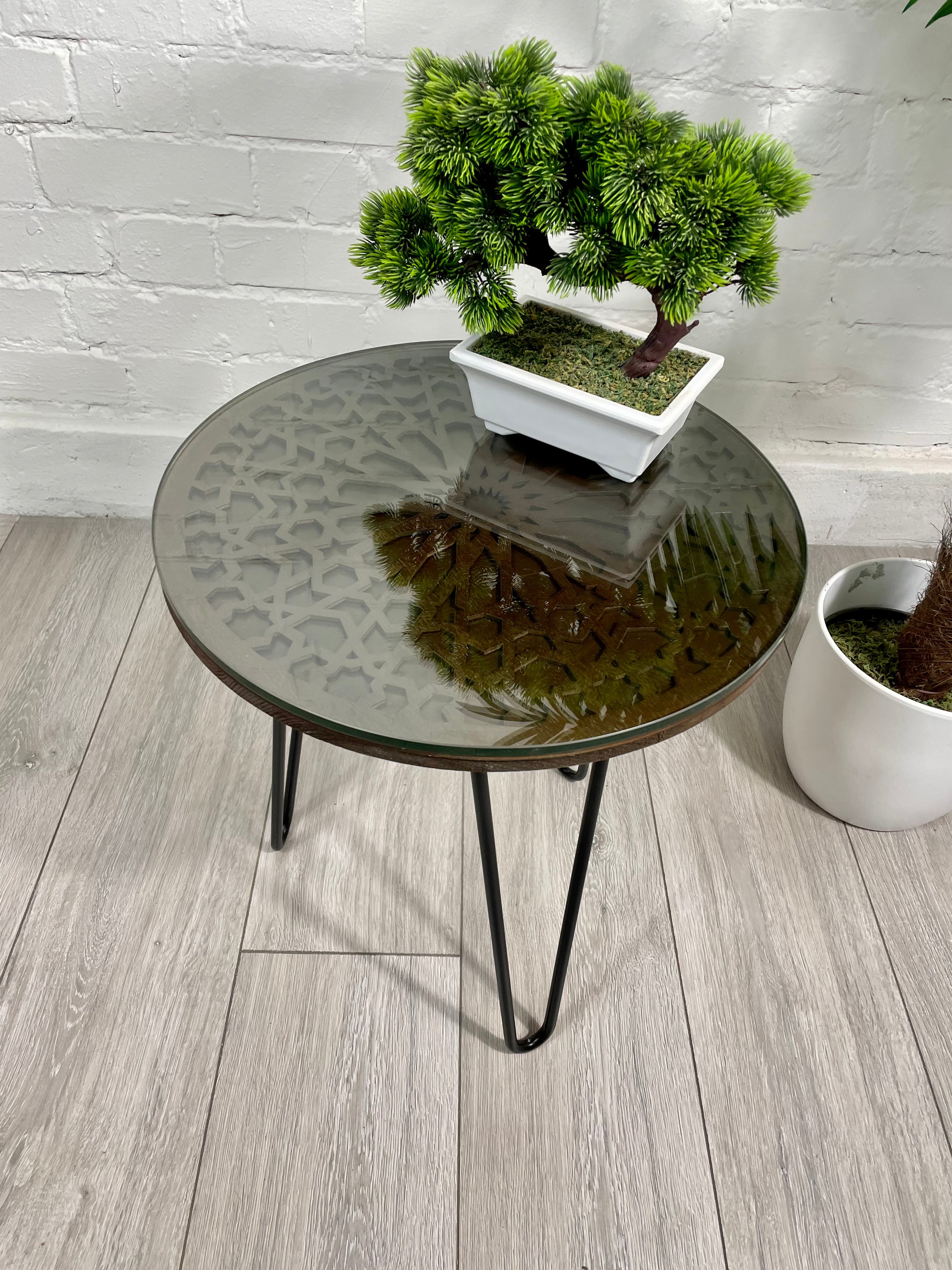 Moroccan Mosaic Side Table Pin Legs, Zellige Table Walnut Wood Stain with Glass Top