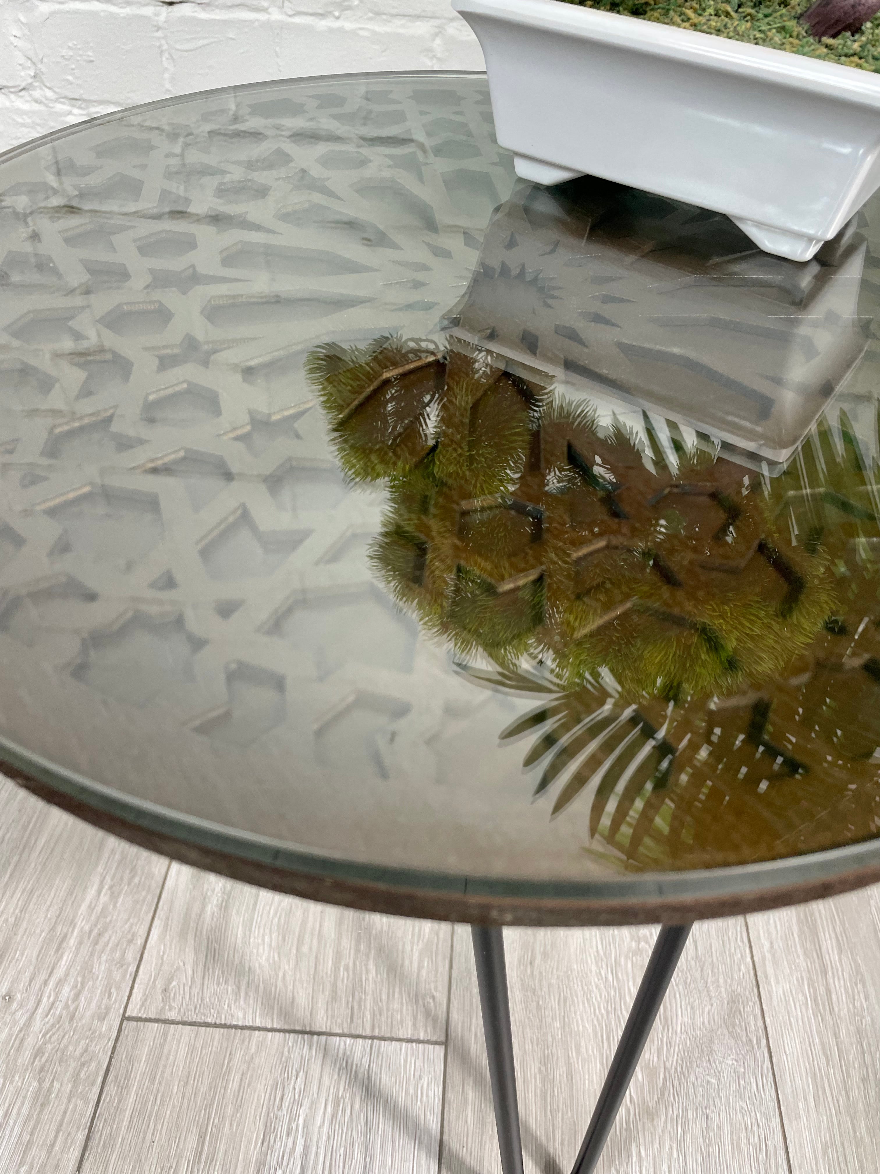 Moroccan Mosaic Side Table Pin Legs, Zellige Table Walnut Wood Stain with Glass Top