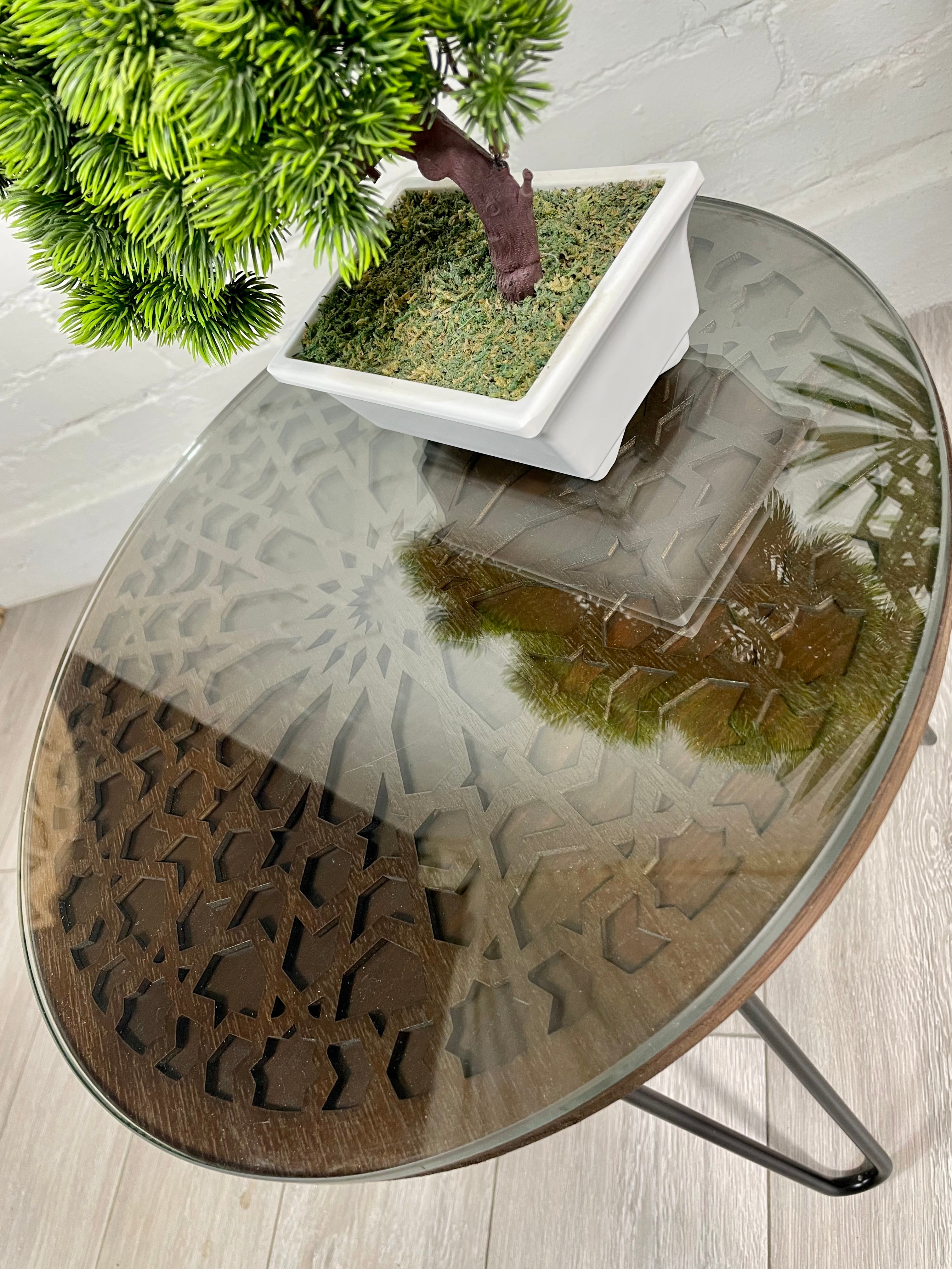 Moroccan Mosaic Side Table Pin Legs, Zellige Table Walnut Wood Stain with Glass Top