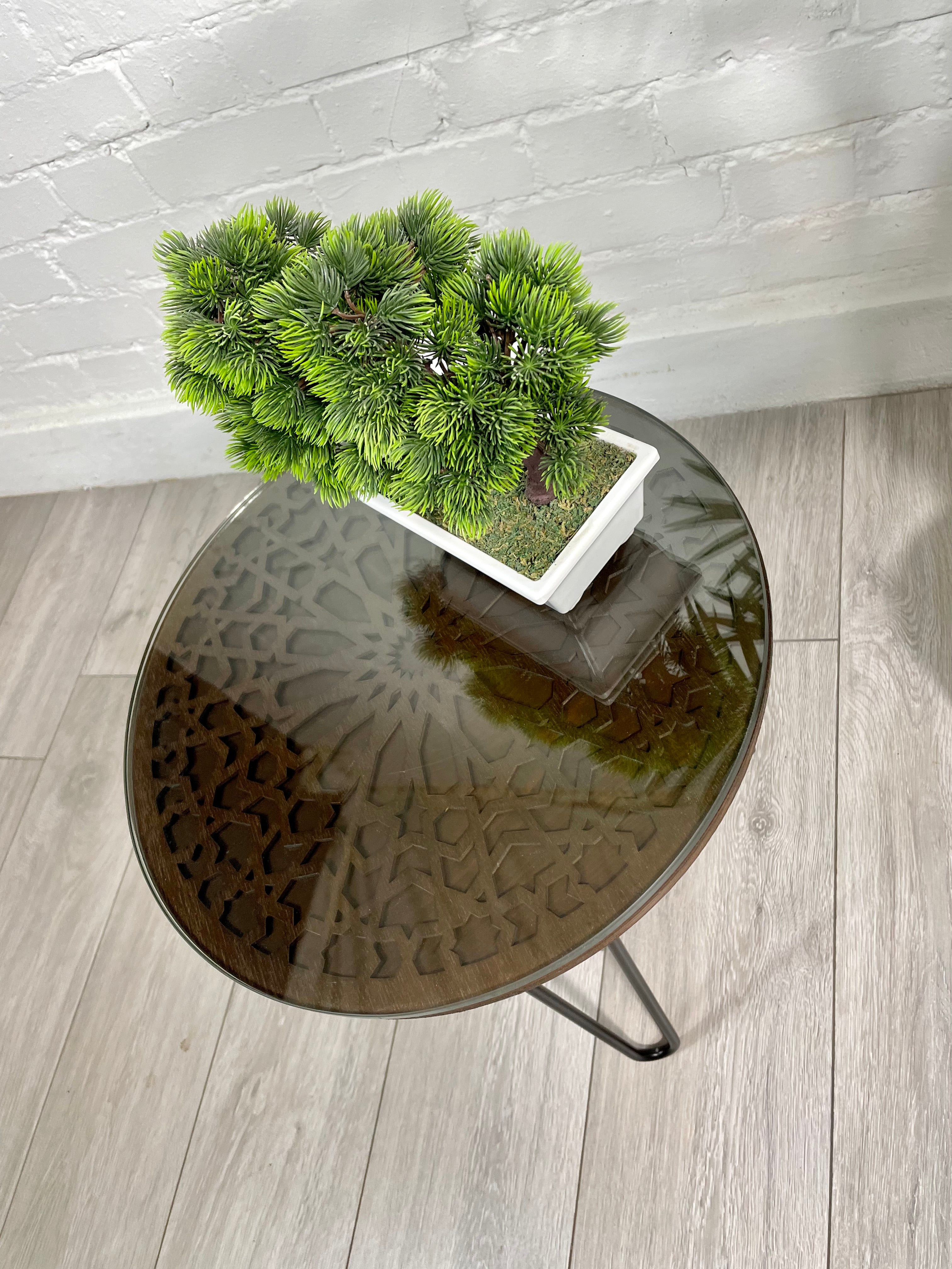 Moroccan Mosaic Side Table Pin Legs, Zellige Table Walnut Wood Stain with Glass Top