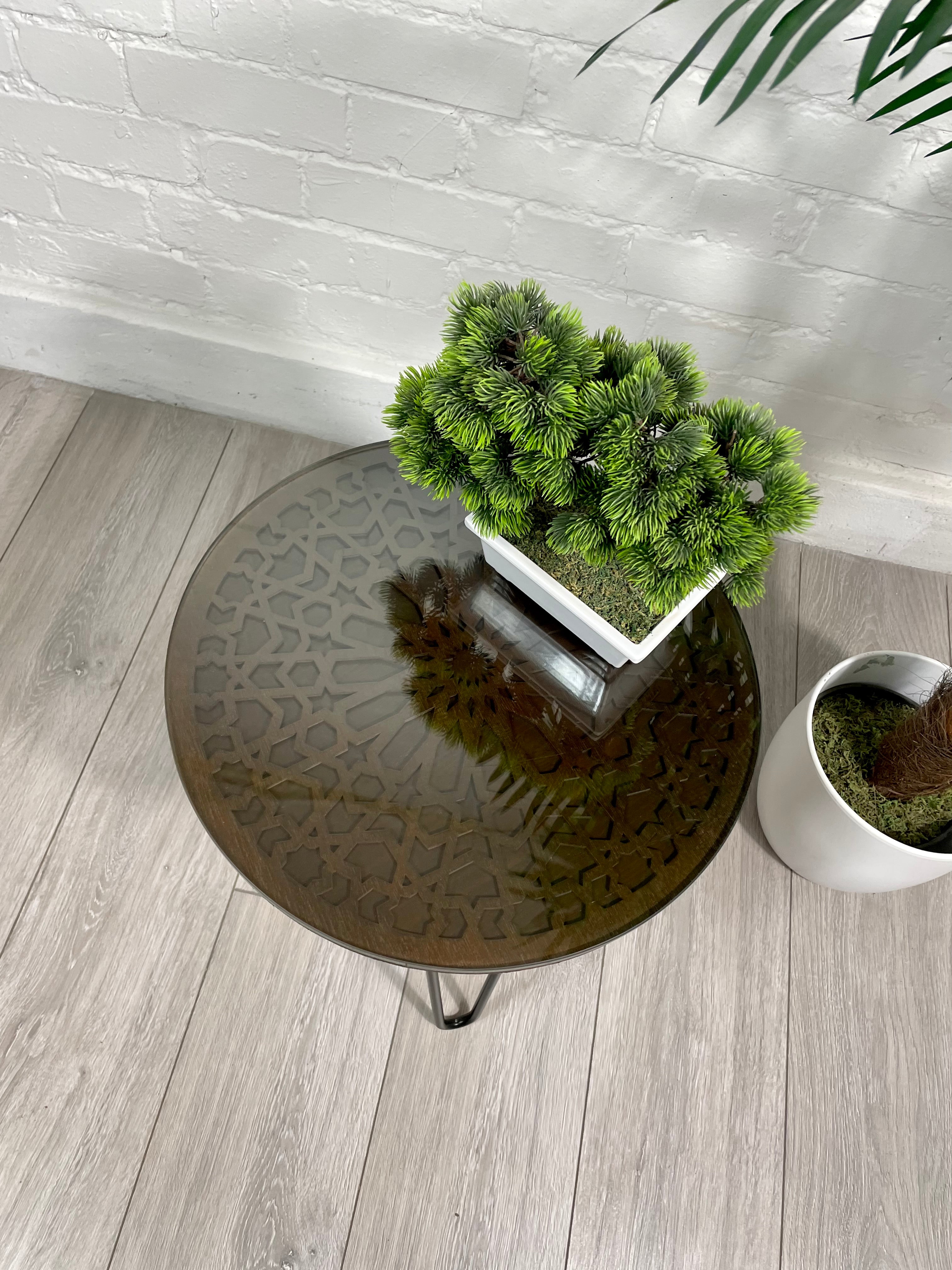 Moroccan Mosaic Side Table Pin Legs, Zellige Table Walnut Wood Stain with Glass Top