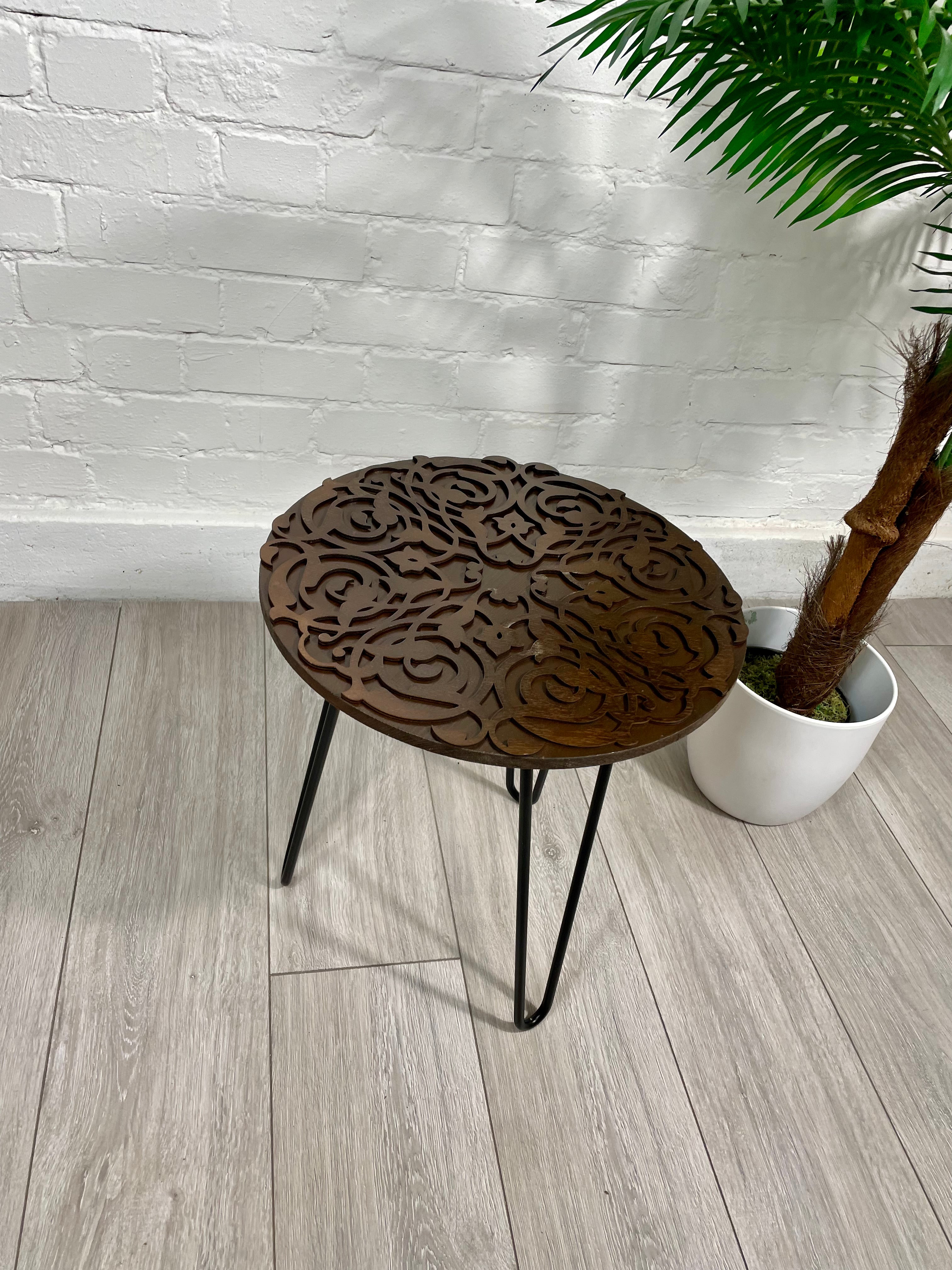 Arabesque Moroccan Side Table In Walnut Finish Pin Legs Zellige Table Glass Top
