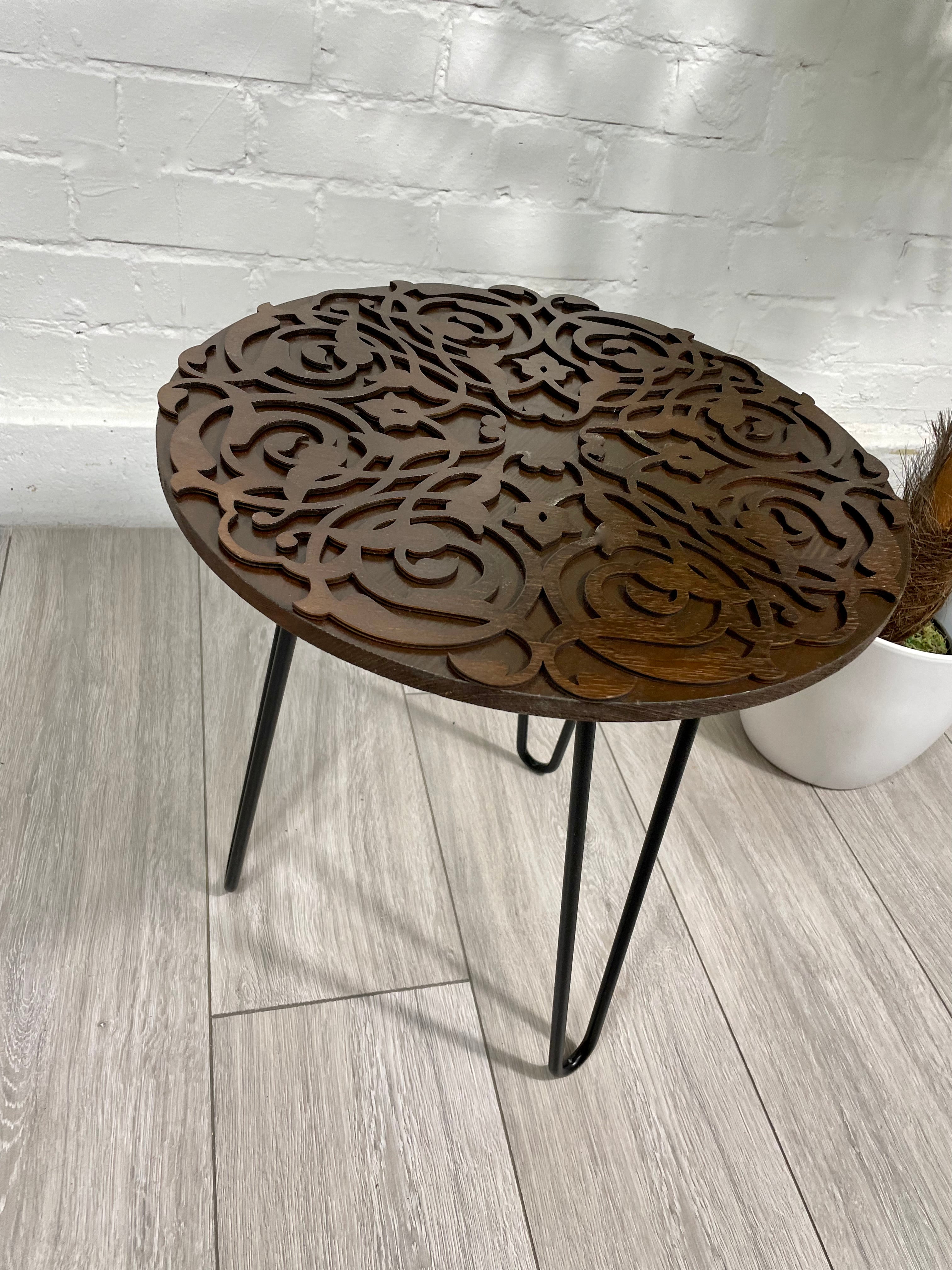 Arabesque Moroccan Side Table In Walnut Finish Pin Legs Zellige Table Glass Top