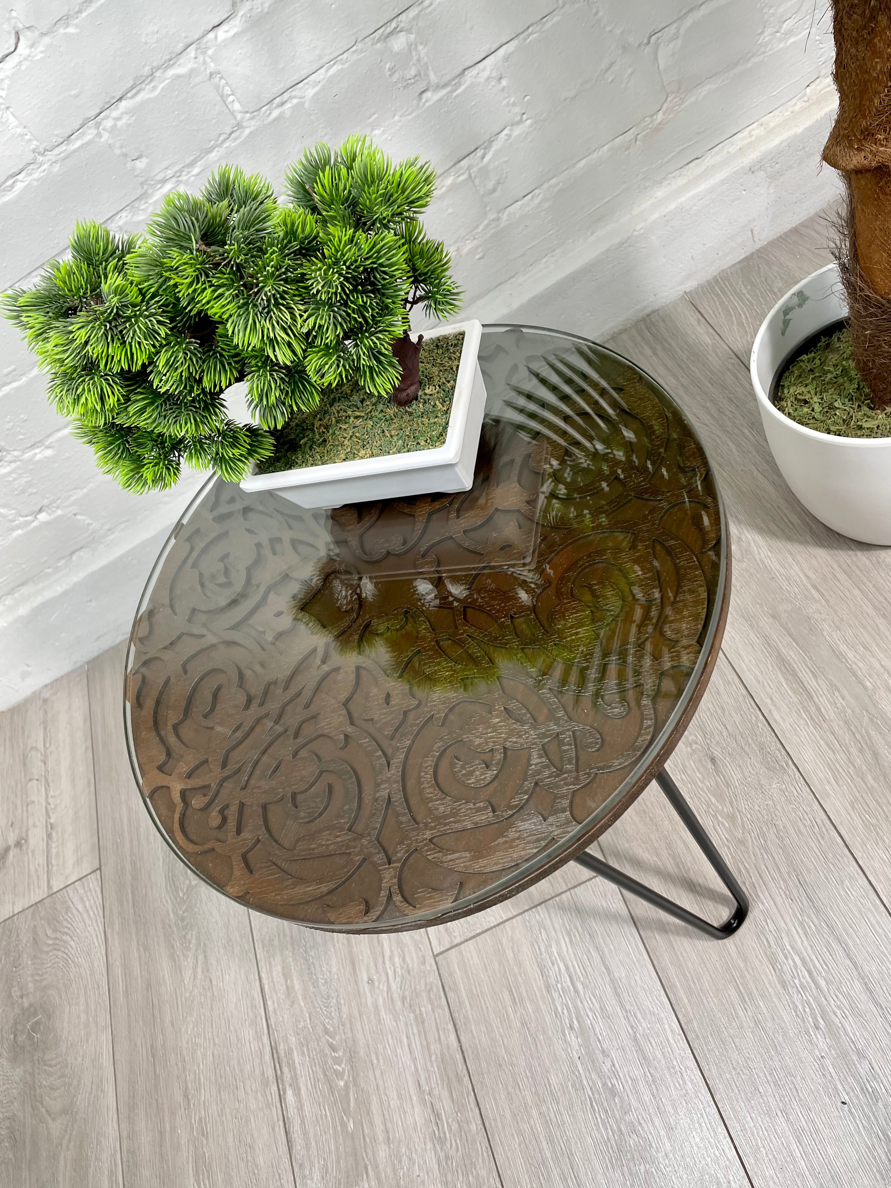 Arabesque Moroccan Side Table In Walnut Finish Pin Legs Zellige Table Glass Top