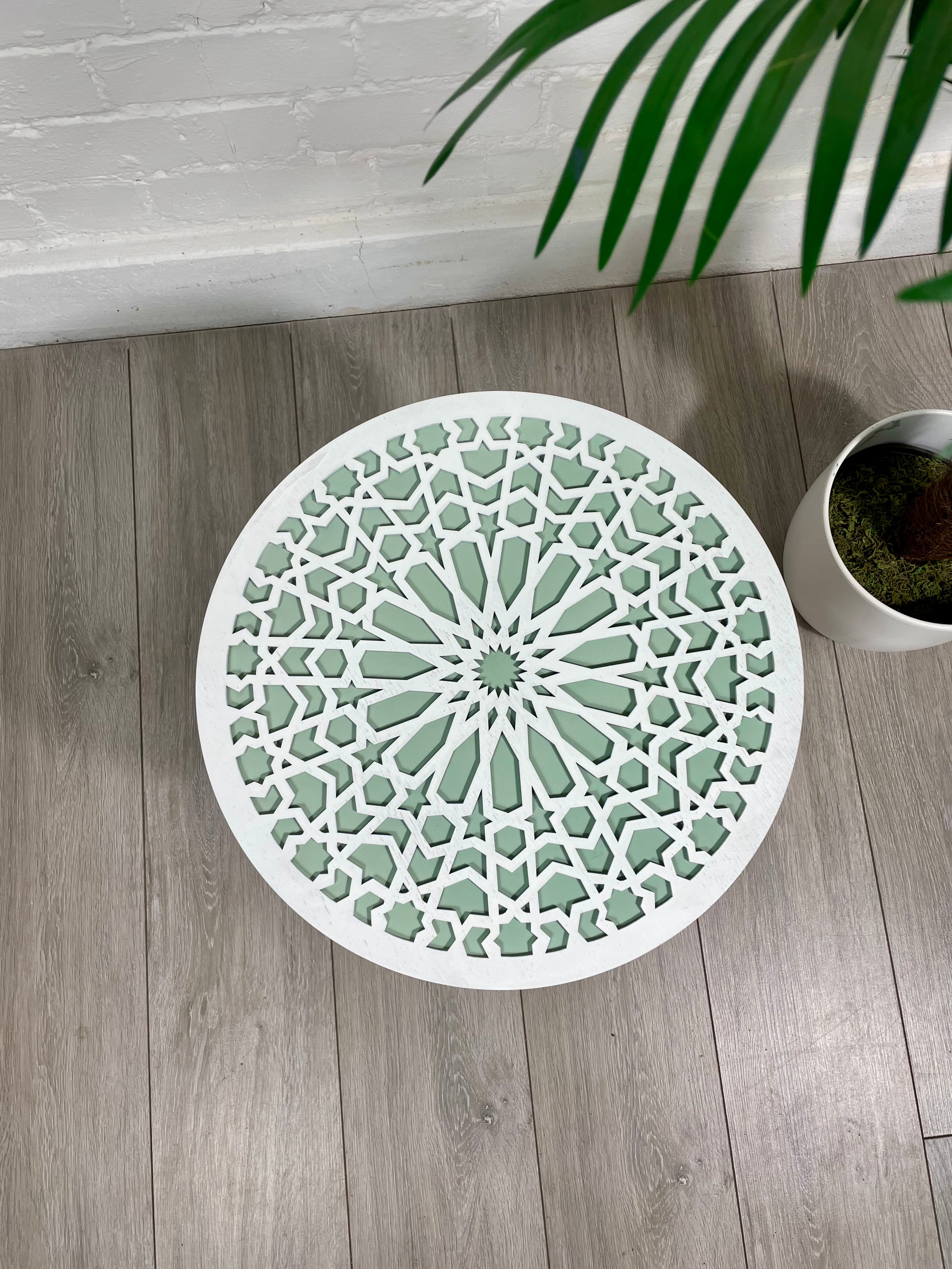 Moroccan Mosaic Side Table Pin Legs, Zellige Table Green Pastel and White  with  Glass Top