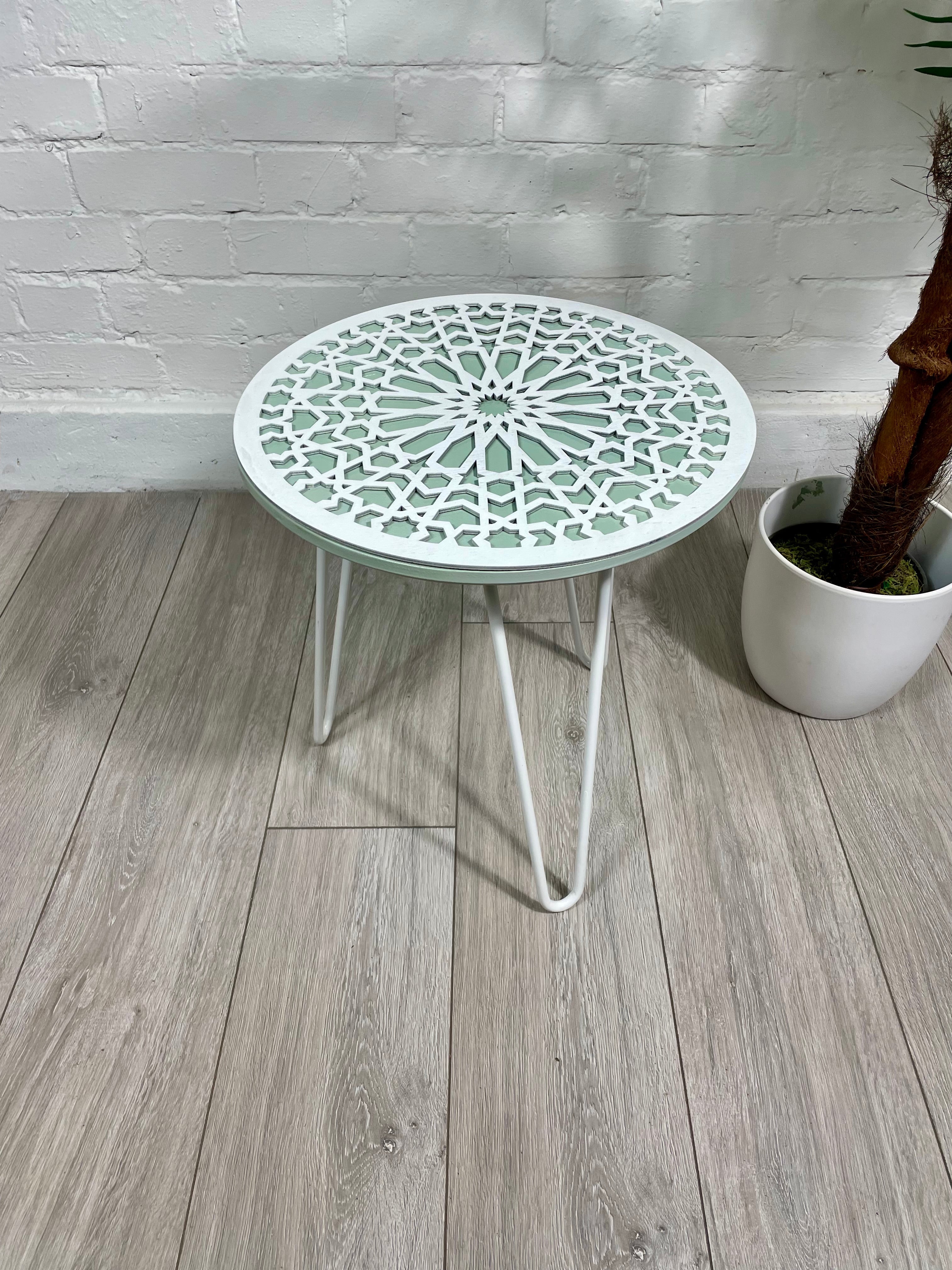Moroccan Mosaic Side Table Pin Legs, Zellige Table Green Pastel and White  with  Glass Top