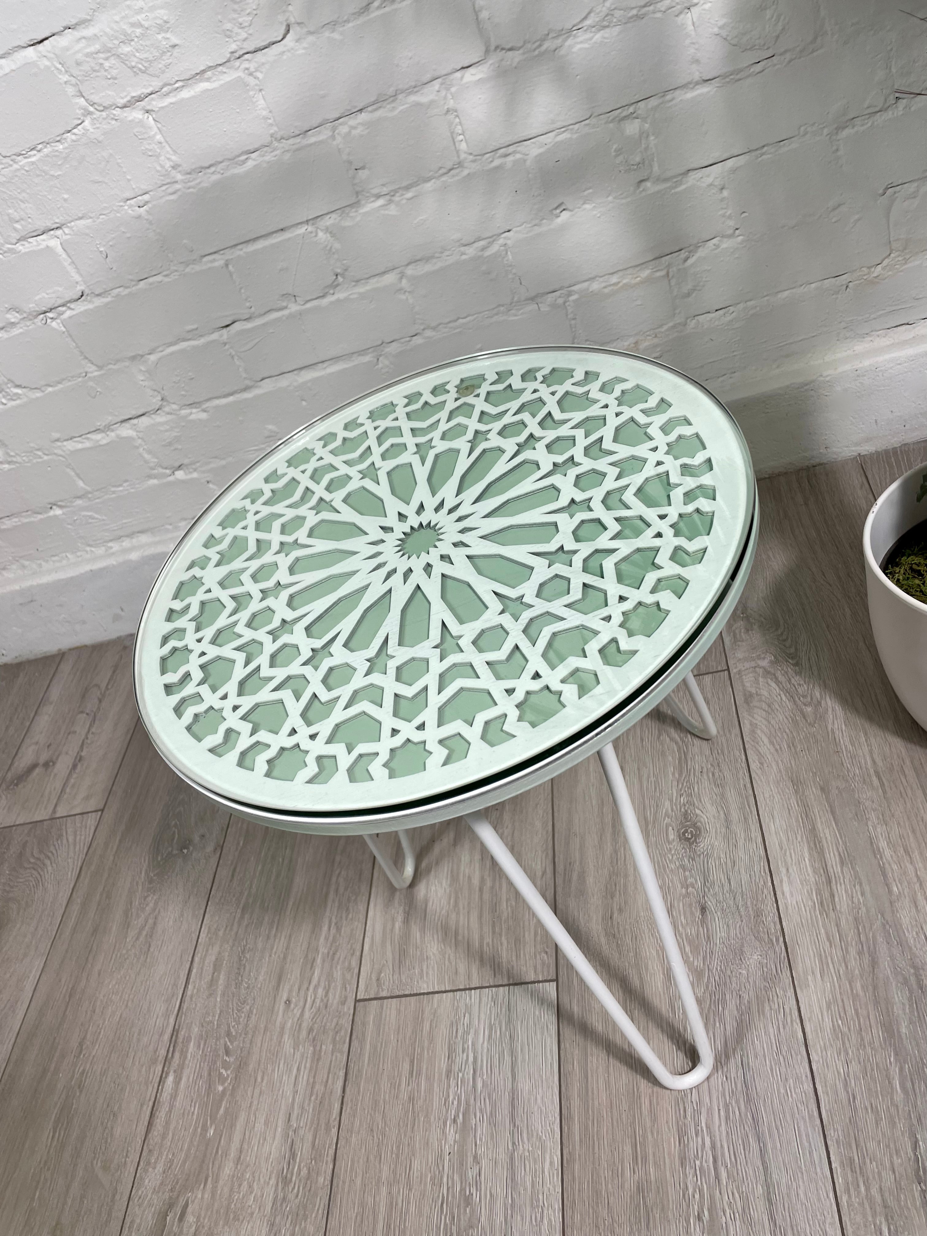 Moroccan Mosaic Side Table Pin Legs, Zellige Table Green Pastel and White  with  Glass Top