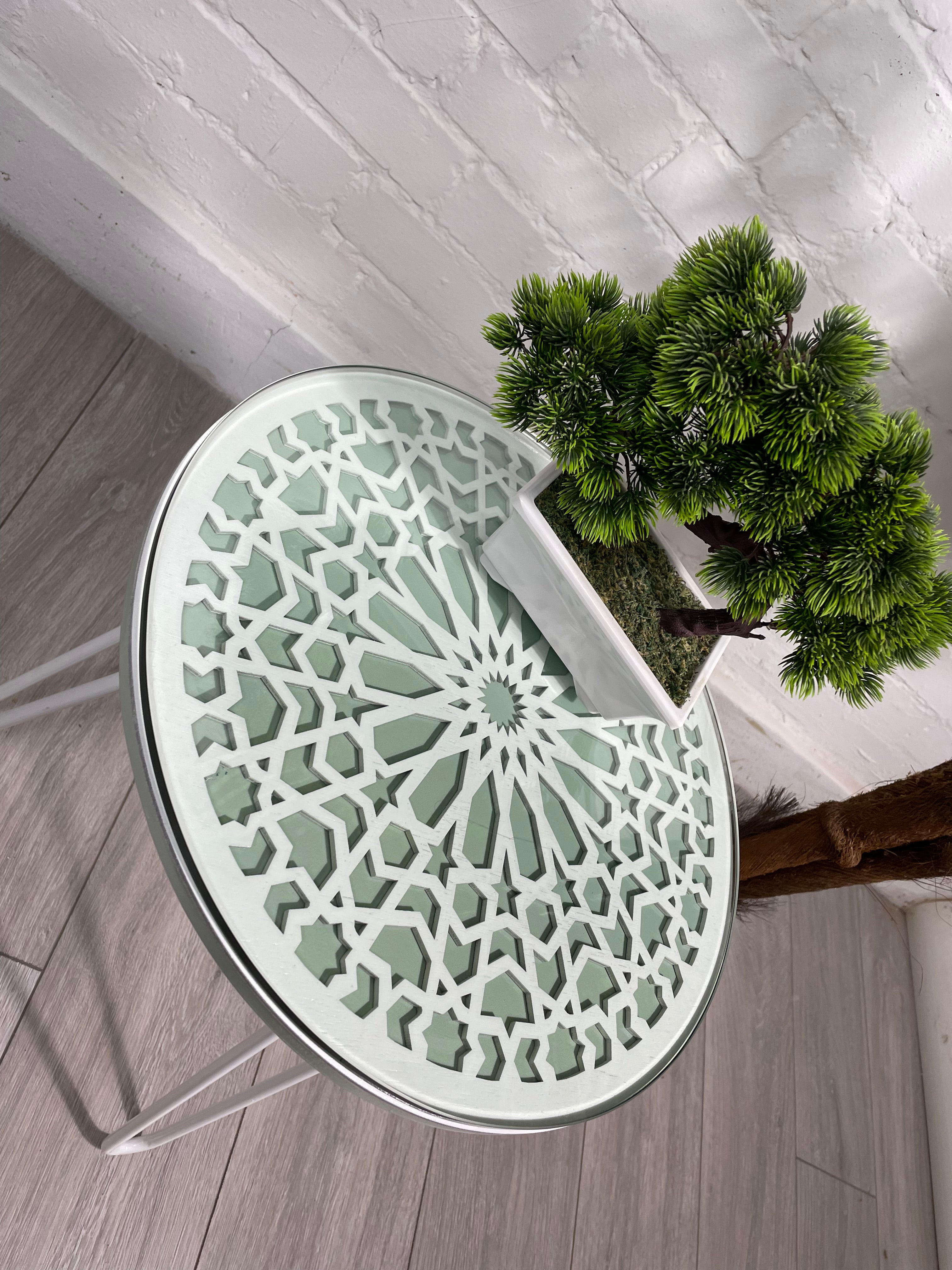 Moroccan Mosaic Side Table Pin Legs, Zellige Table Green Pastel and White  with  Glass Top