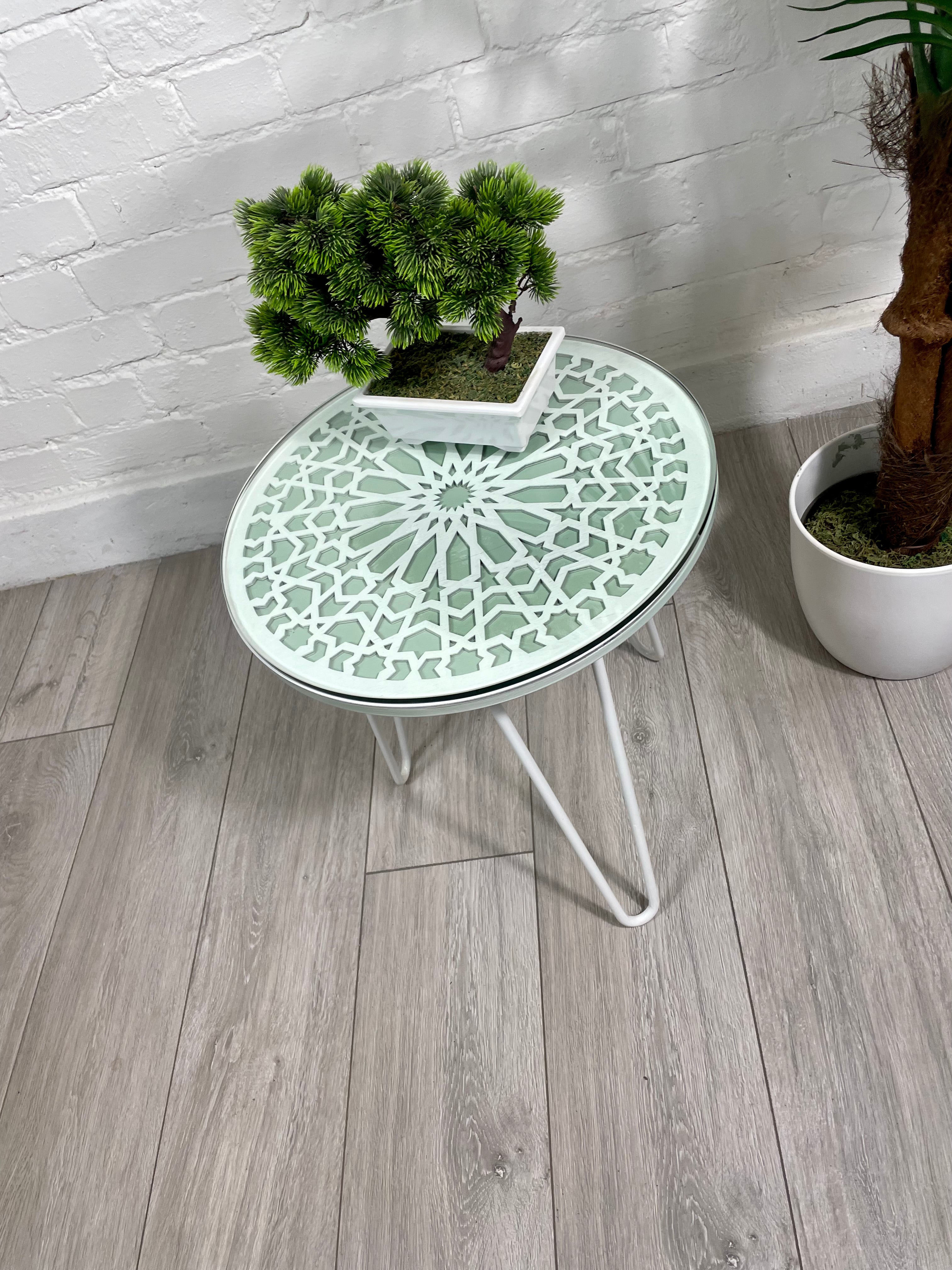 Moroccan Mosaic Side Table Pin Legs, Zellige Table Green Pastel and White  with  Glass Top