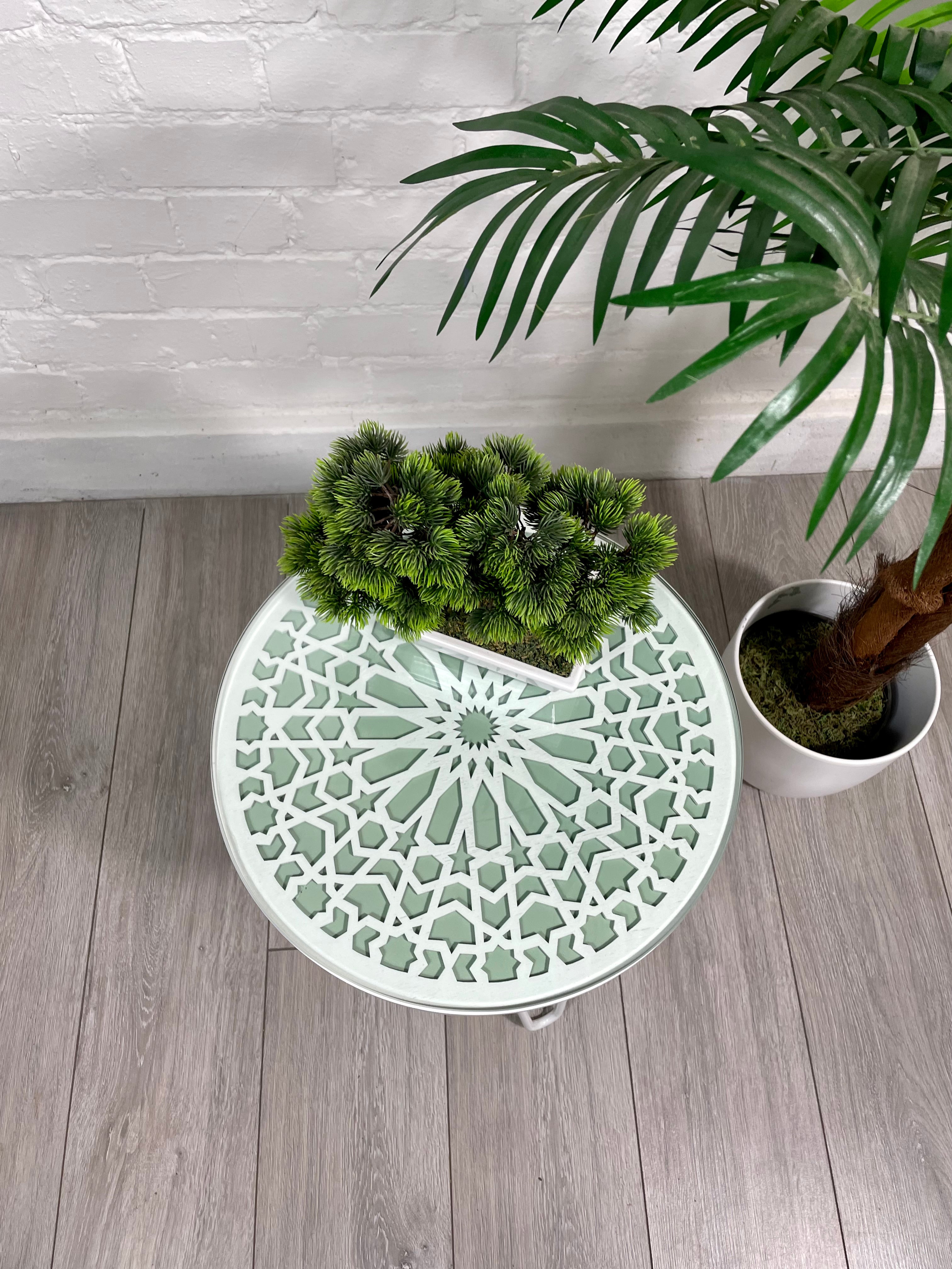 Moroccan Mosaic Side Table Pin Legs, Zellige Table Green Pastel and White  with  Glass Top