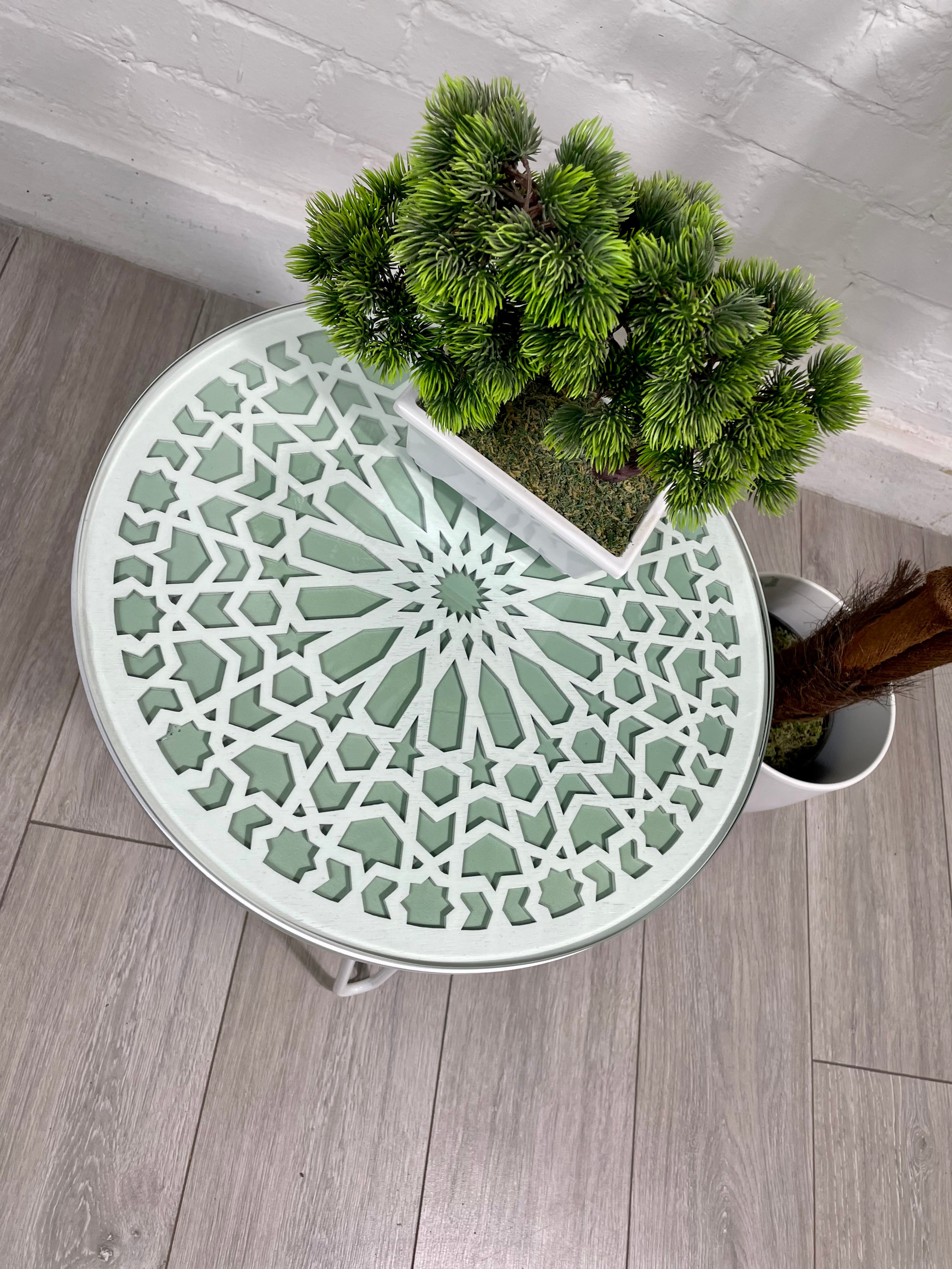 Moroccan Mosaic Side Table Pin Legs, Zellige Table Green Pastel and White  with  Glass Top