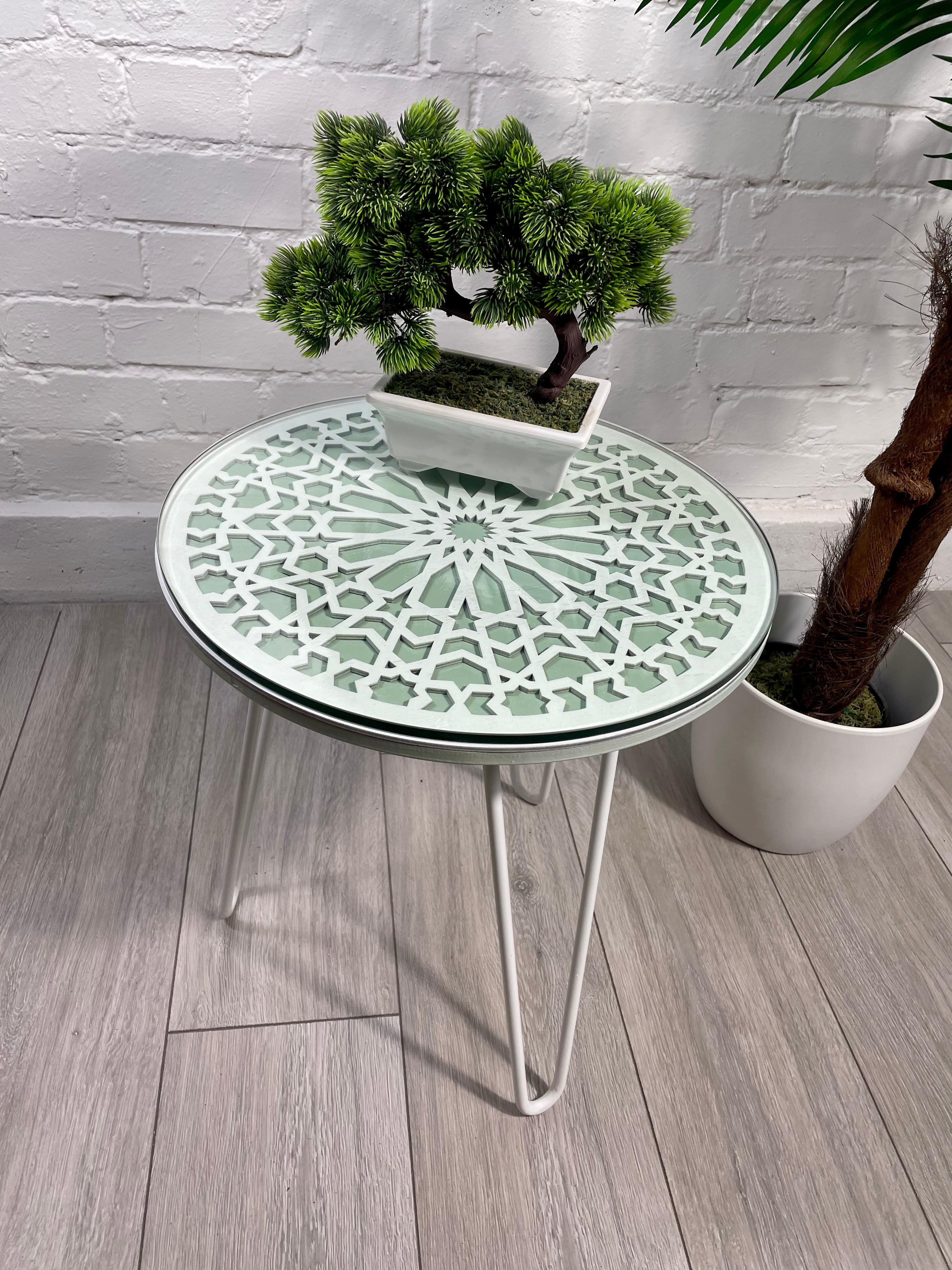 Moroccan Mosaic Side Table Pin Legs, Zellige Table Green Pastel and White  with  Glass Top