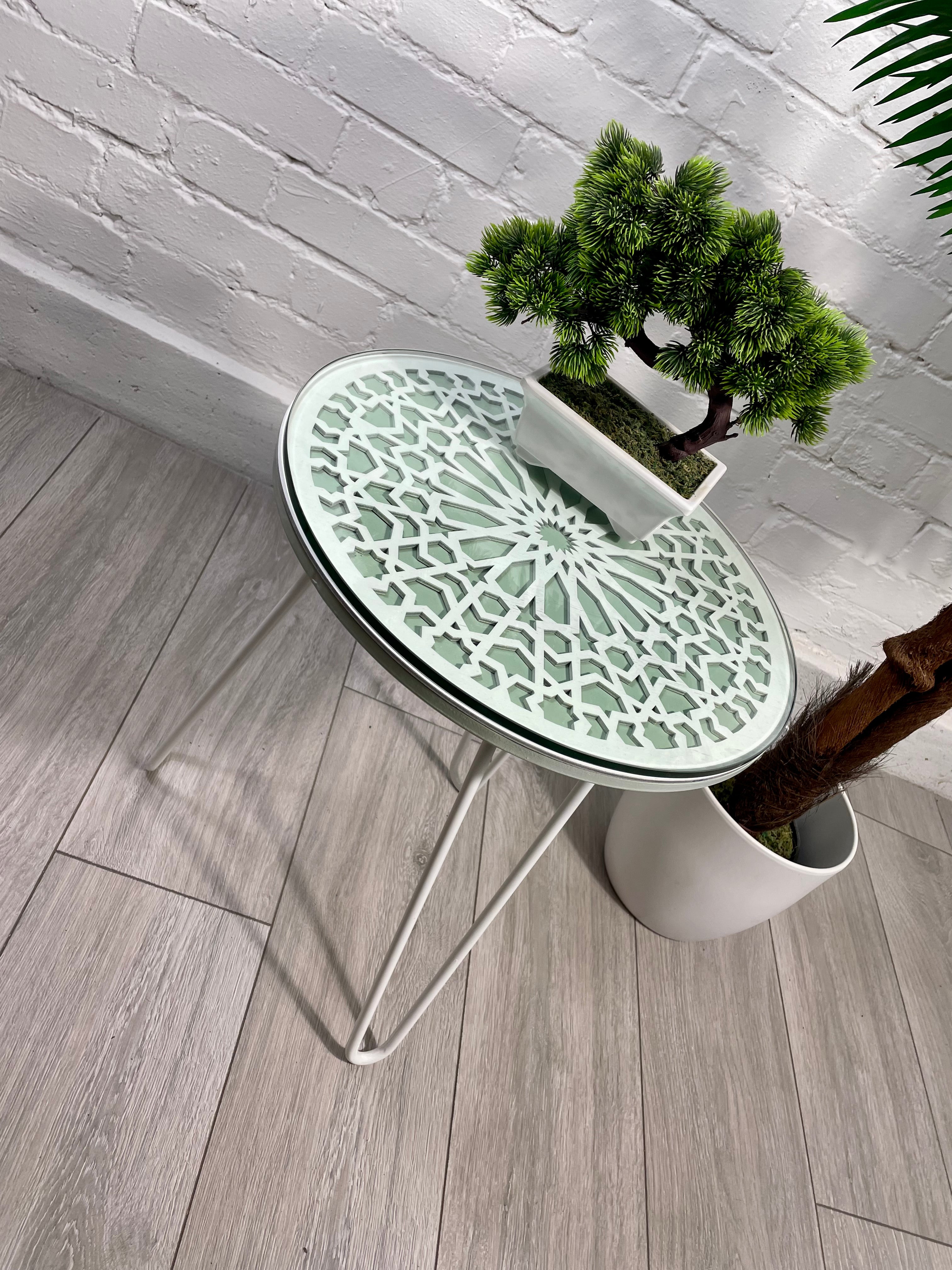 Moroccan Mosaic Side Table Pin Legs, Zellige Table Green Pastel and White  with  Glass Top