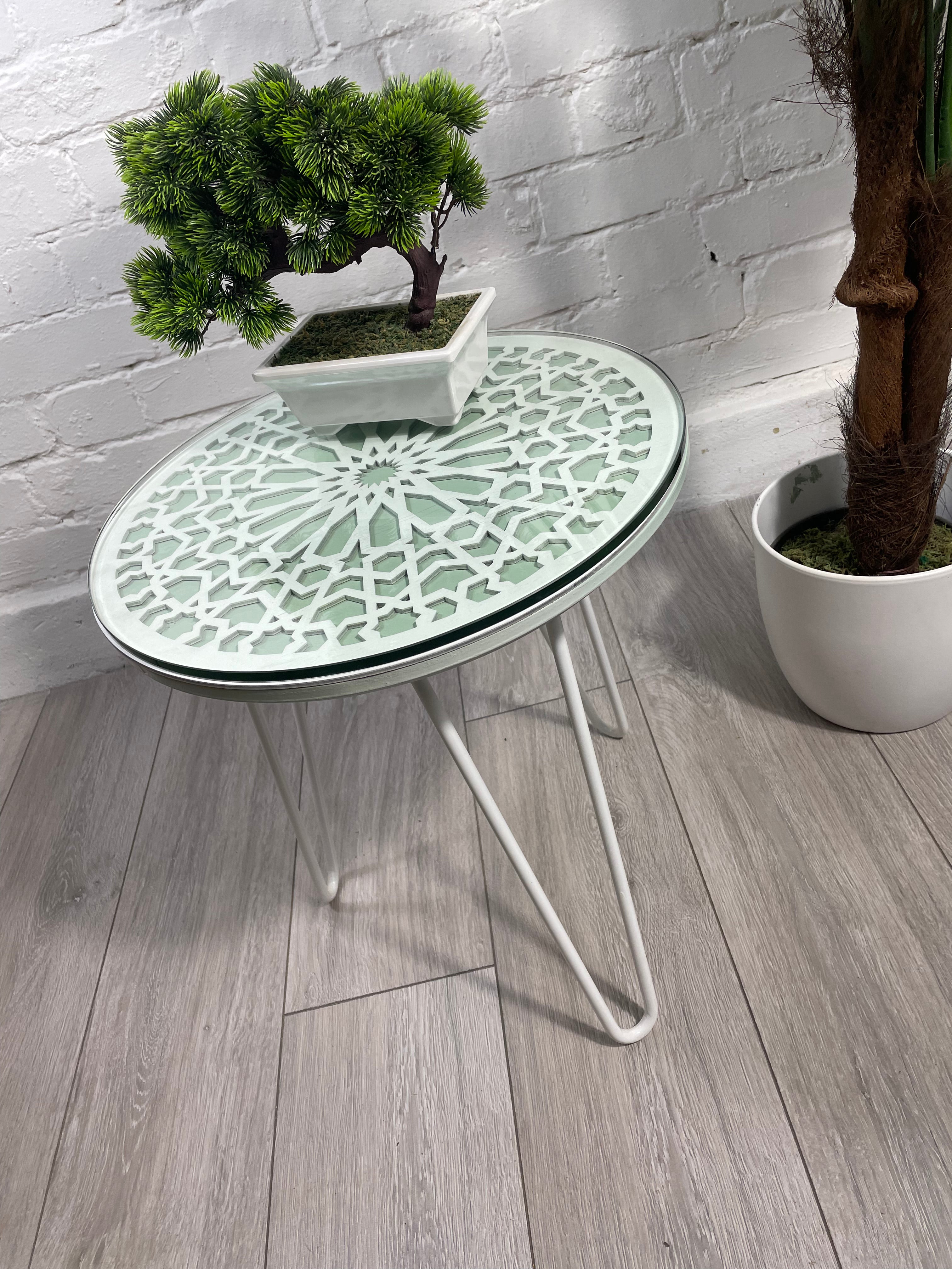 Moroccan Mosaic Side Table Pin Legs, Zellige Table Green Pastel and White  with  Glass Top