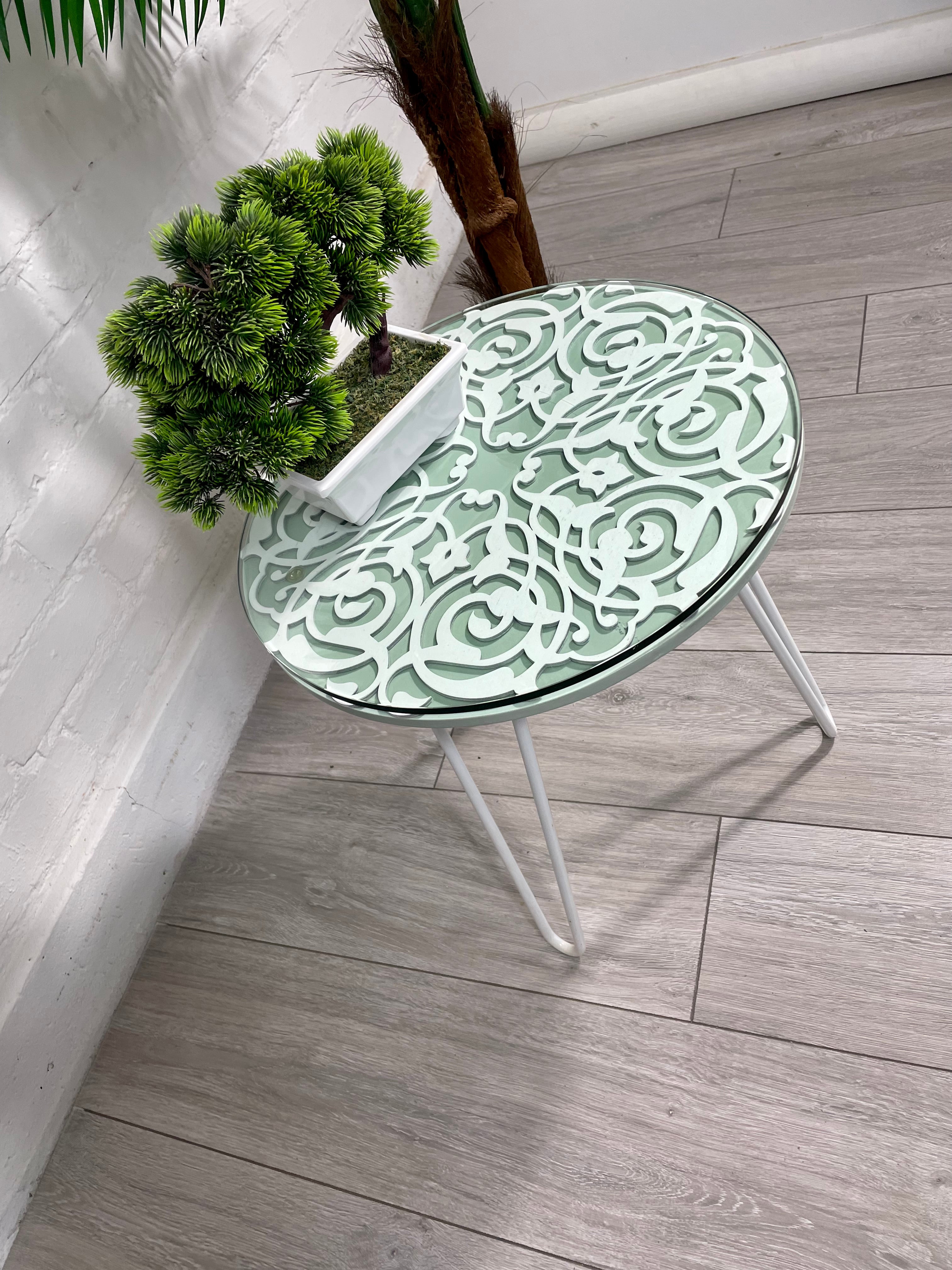 Arabesque Moroccan Side Table in Pastel Green and White Finish Pin Legs Zellige Table Glass Top