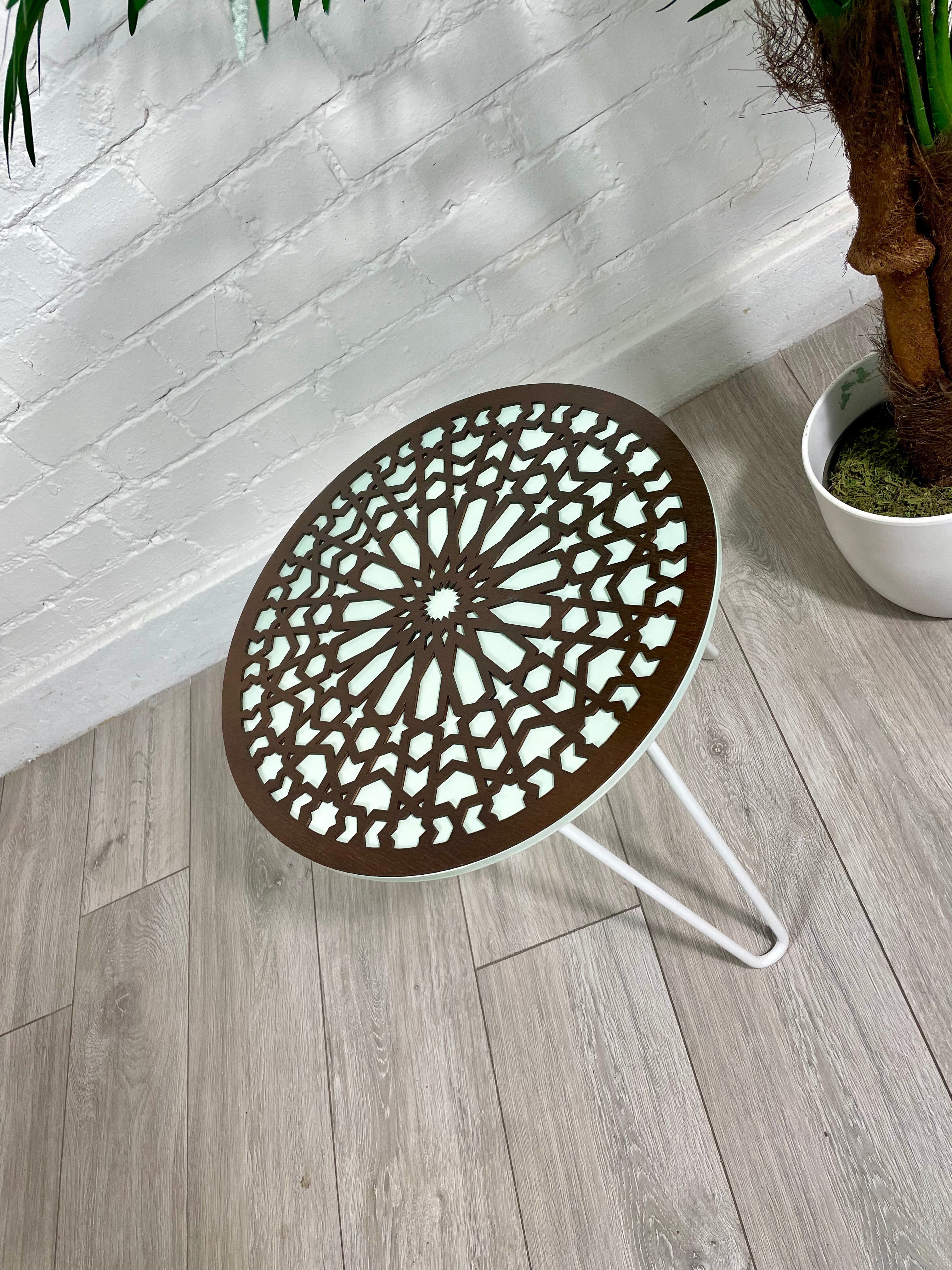 Moroccan Mosaic Side Table Pin Legs, Zellige Table Green Pastel and Walnut stain with  Glass Top