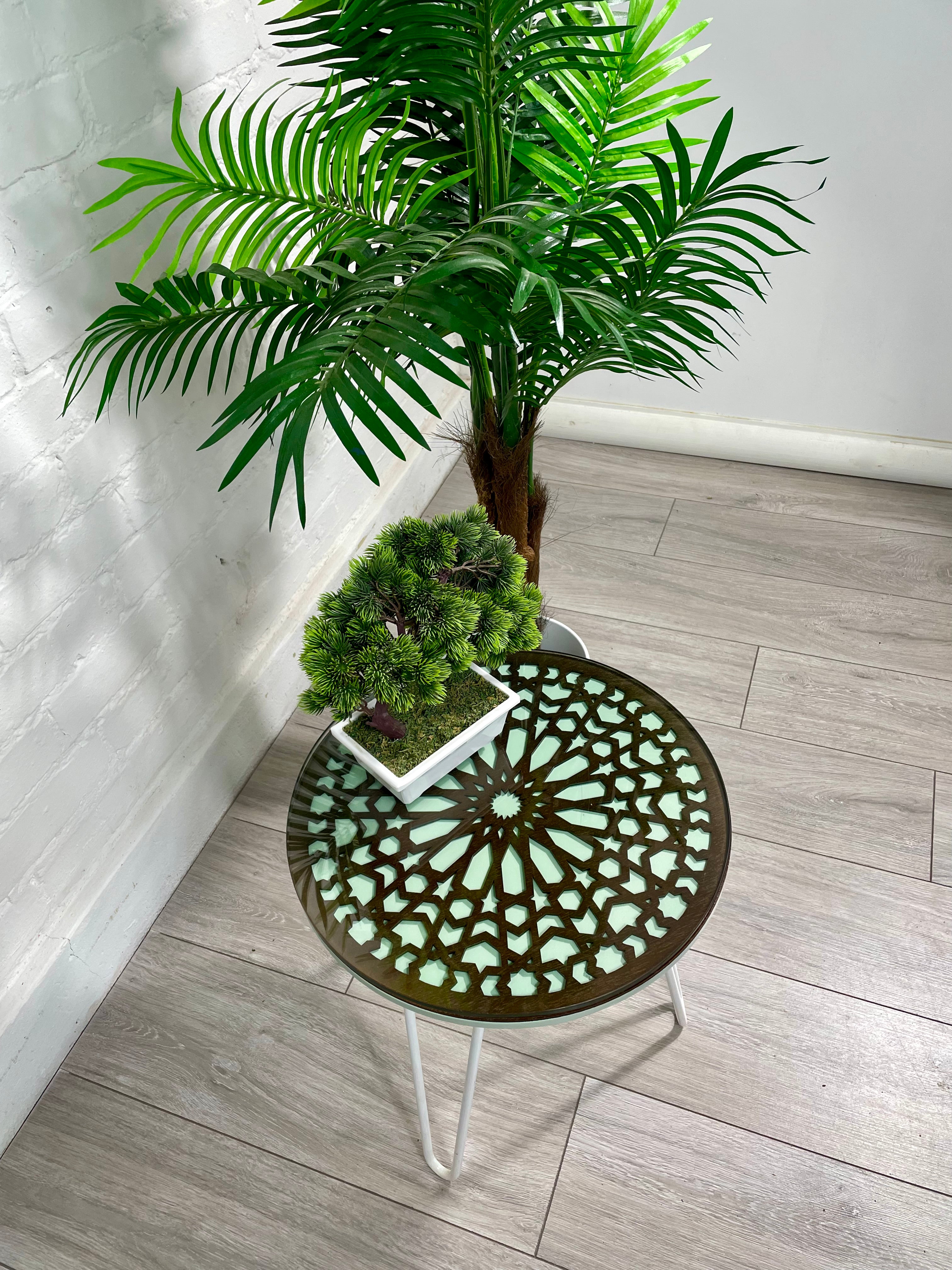 Moroccan Mosaic Side Table Pin Legs, Zellige Table Green Pastel and Walnut stain with  Glass Top