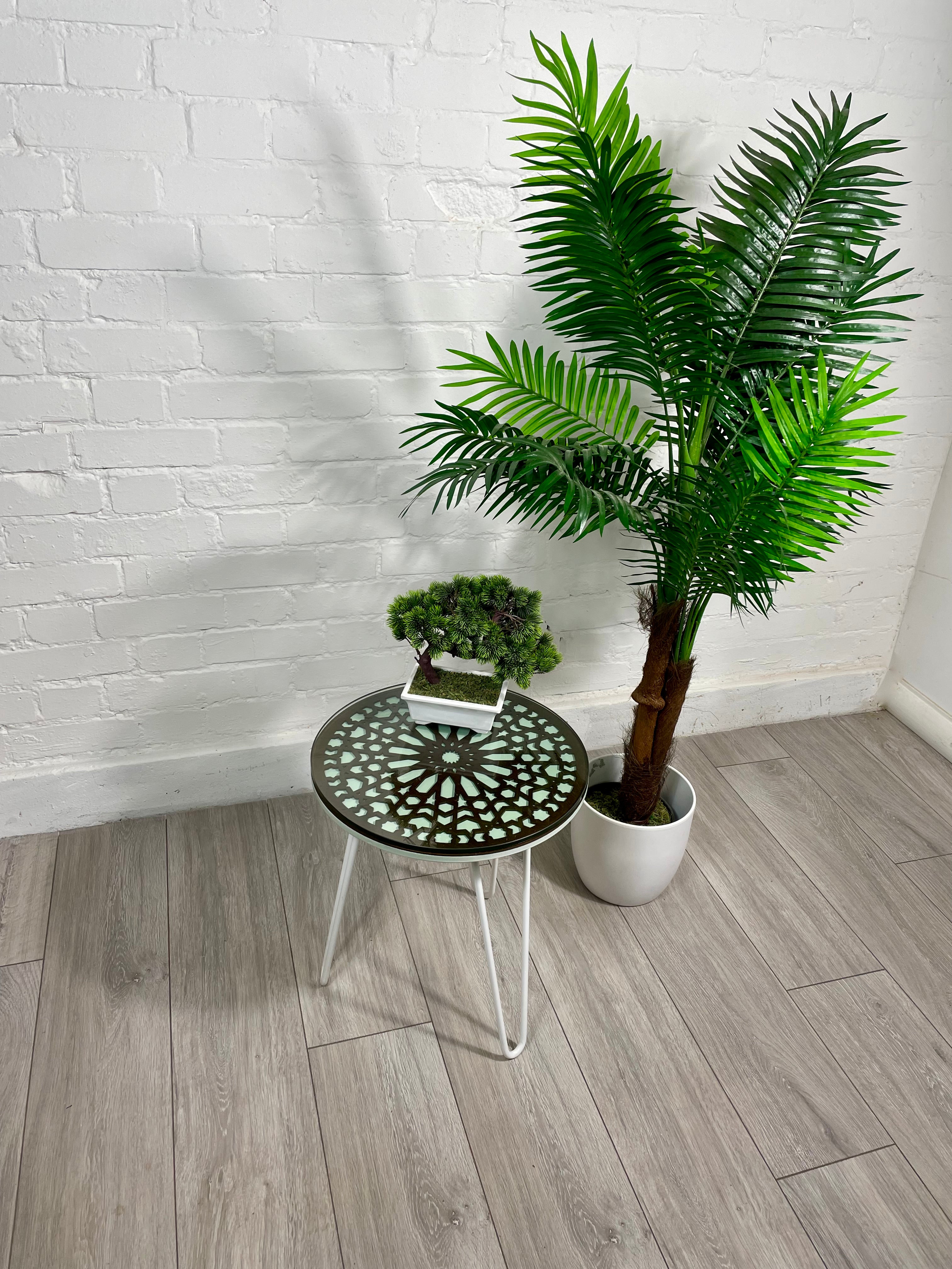 Moroccan Mosaic Side Table Pin Legs, Zellige Table Green Pastel and Walnut stain with  Glass Top