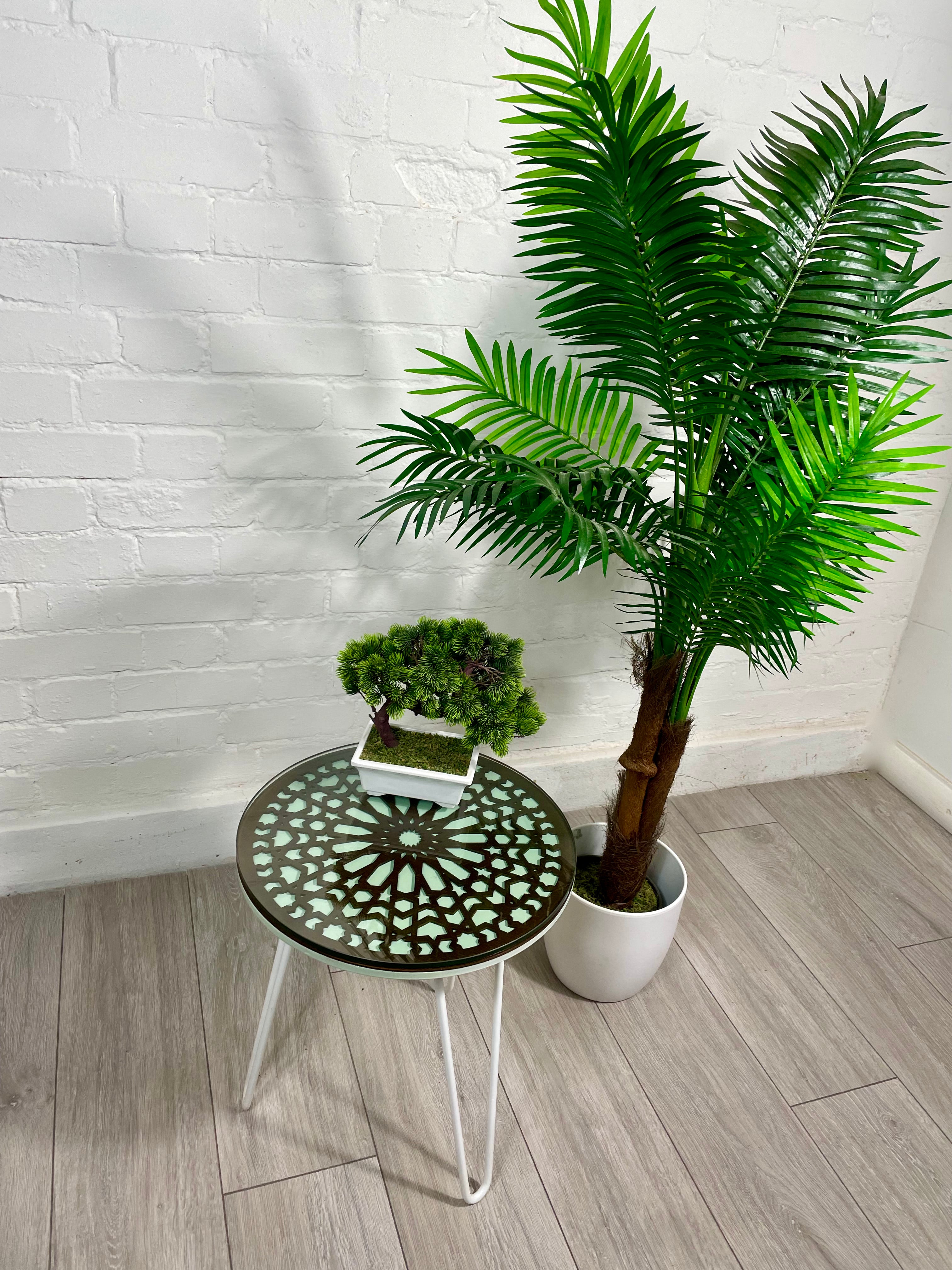Moroccan Mosaic Side Table Pin Legs, Zellige Table Green Pastel and Walnut stain with  Glass Top