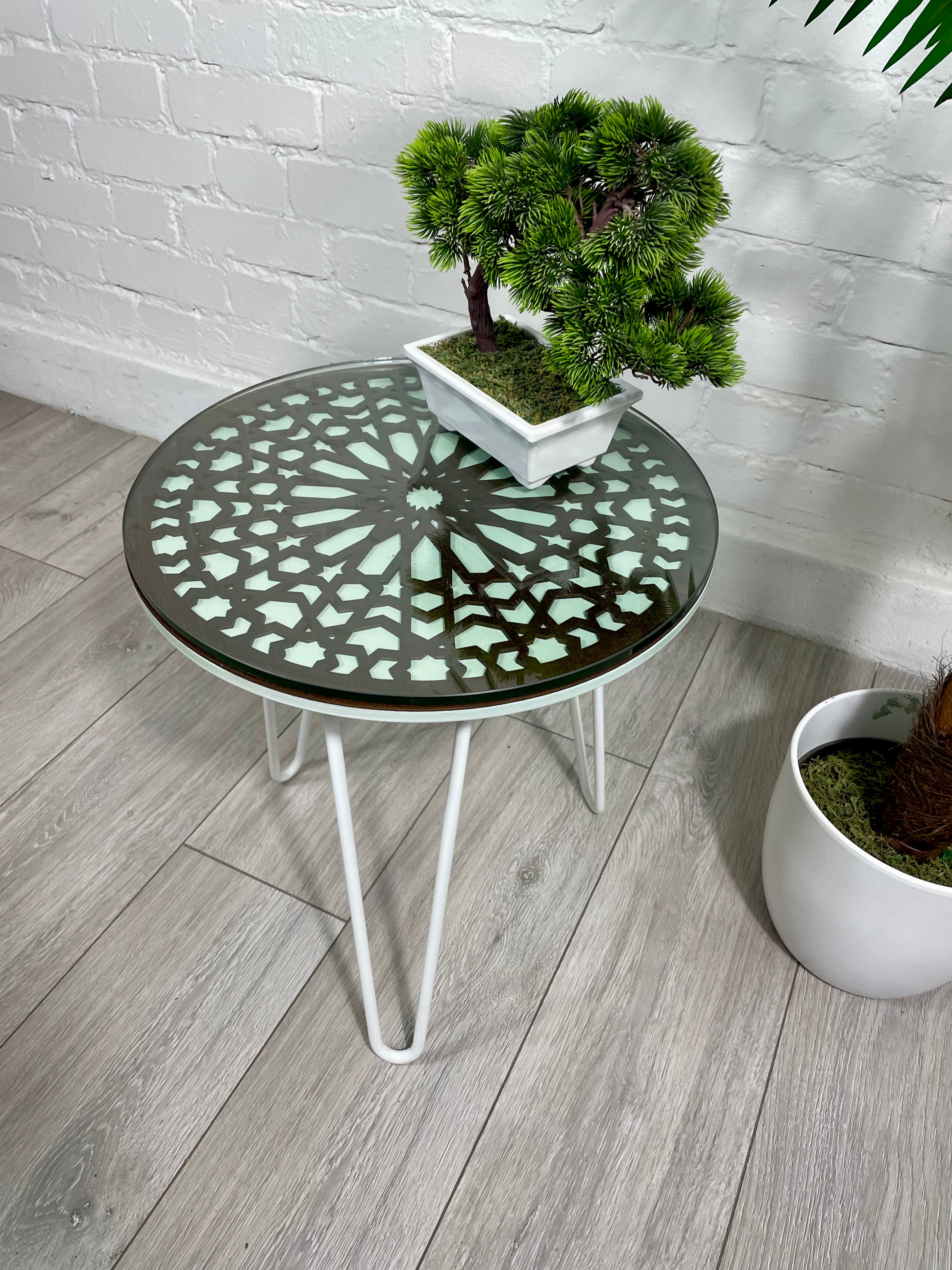 Moroccan Mosaic Side Table Pin Legs, Zellige Table Green Pastel and Walnut stain with  Glass Top