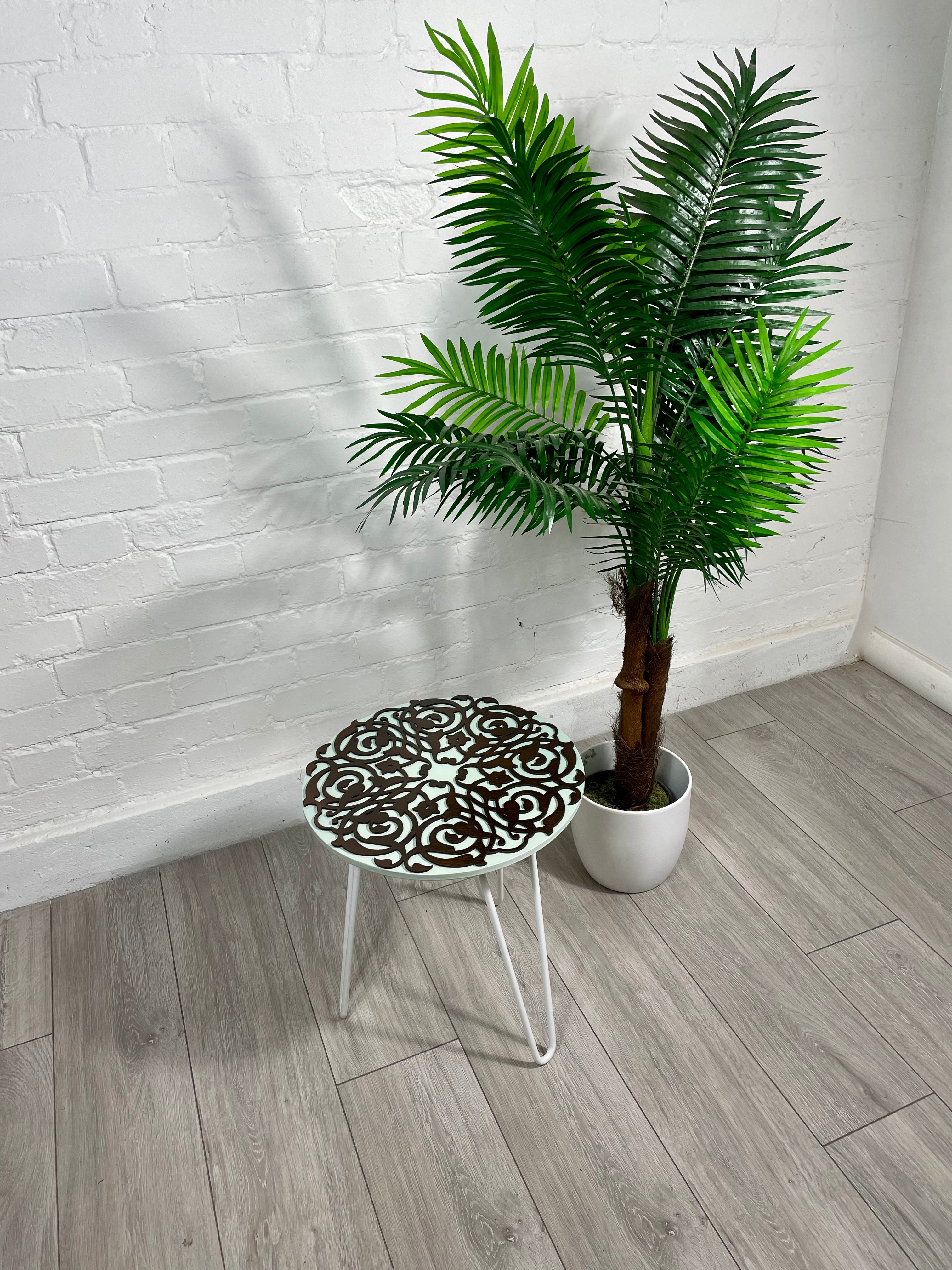 Arabesque Moroccan Side Table in Pastel Green and Walnut Finish Pin Legs Zellige Table Glass Top