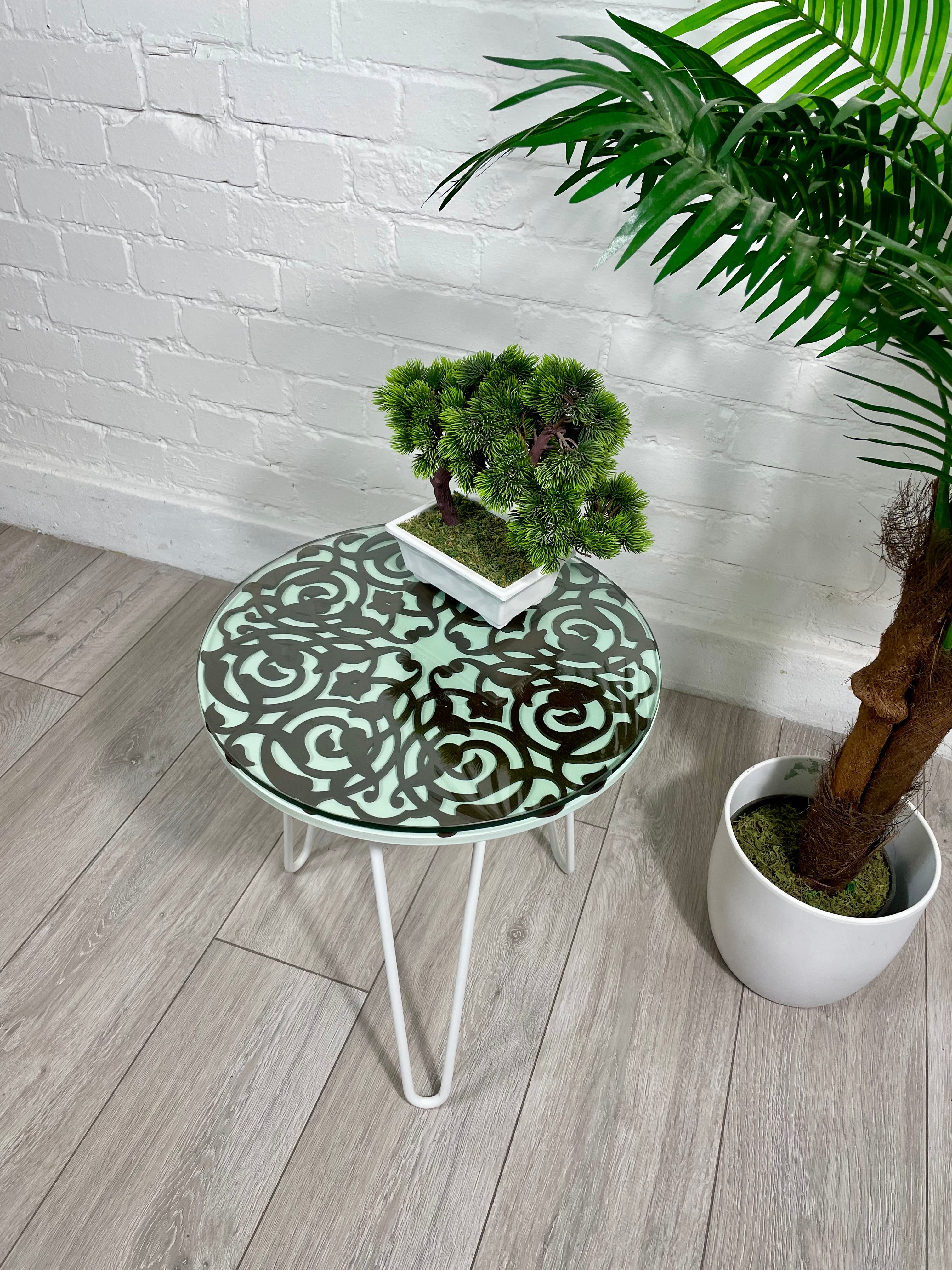 Arabesque Moroccan Side Table in Pastel Green and Walnut Finish Pin Legs Zellige Table Glass Top