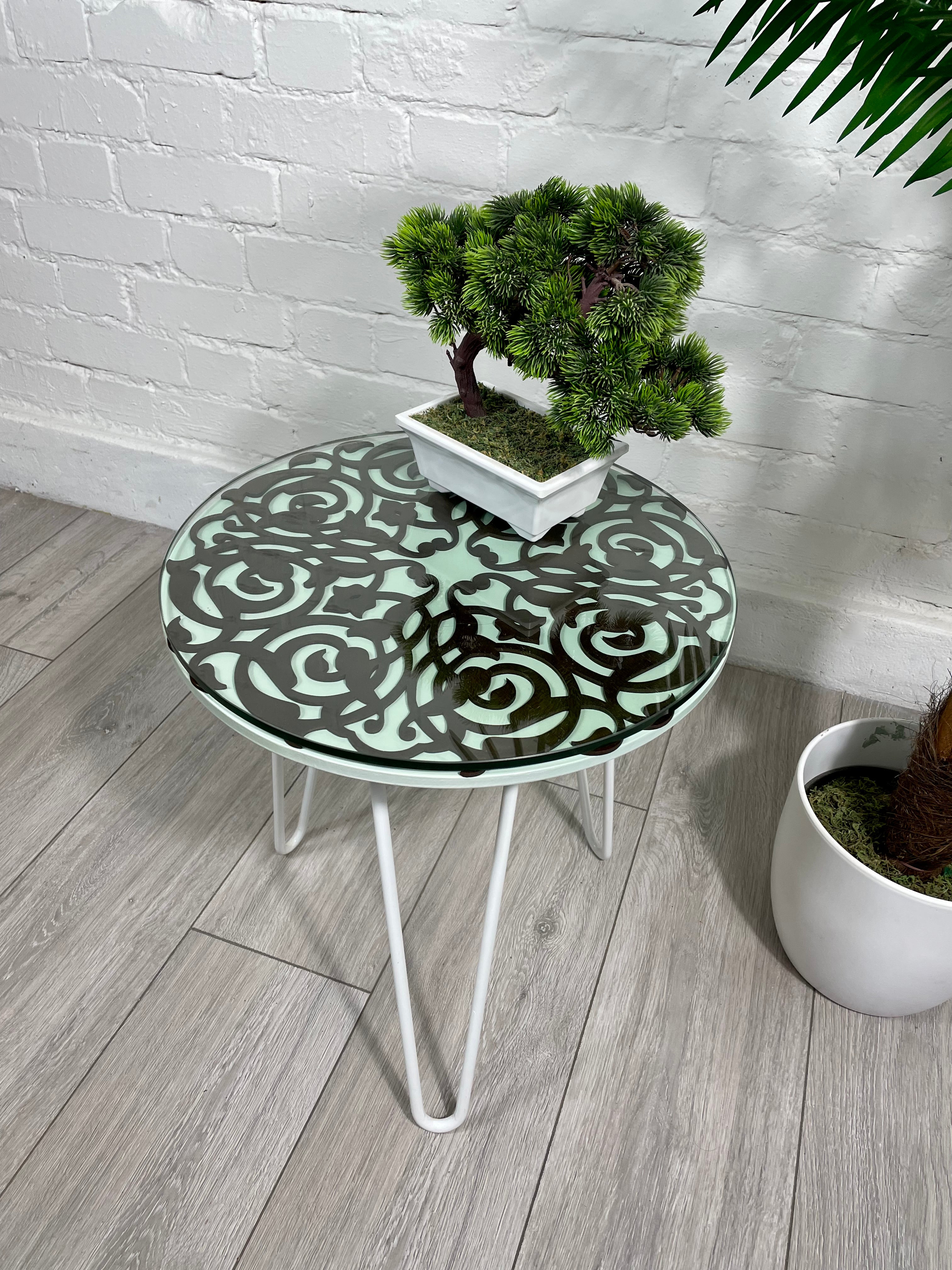 Green Pastel and Walnut finish side table with glass top and Pin legs