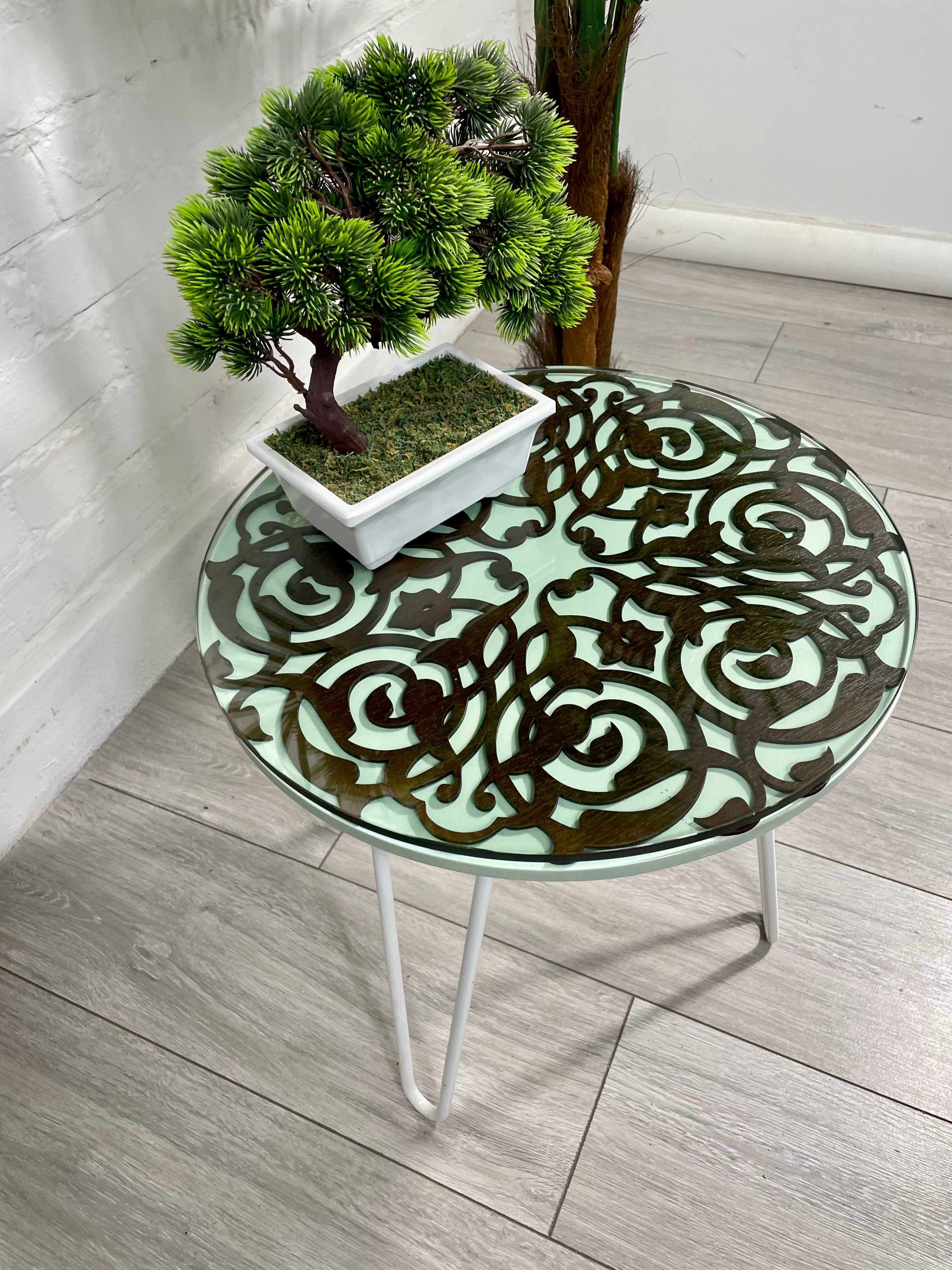 Green Pastel and Walnut finish side table with Arabesque fret work, glass top and Pin legs