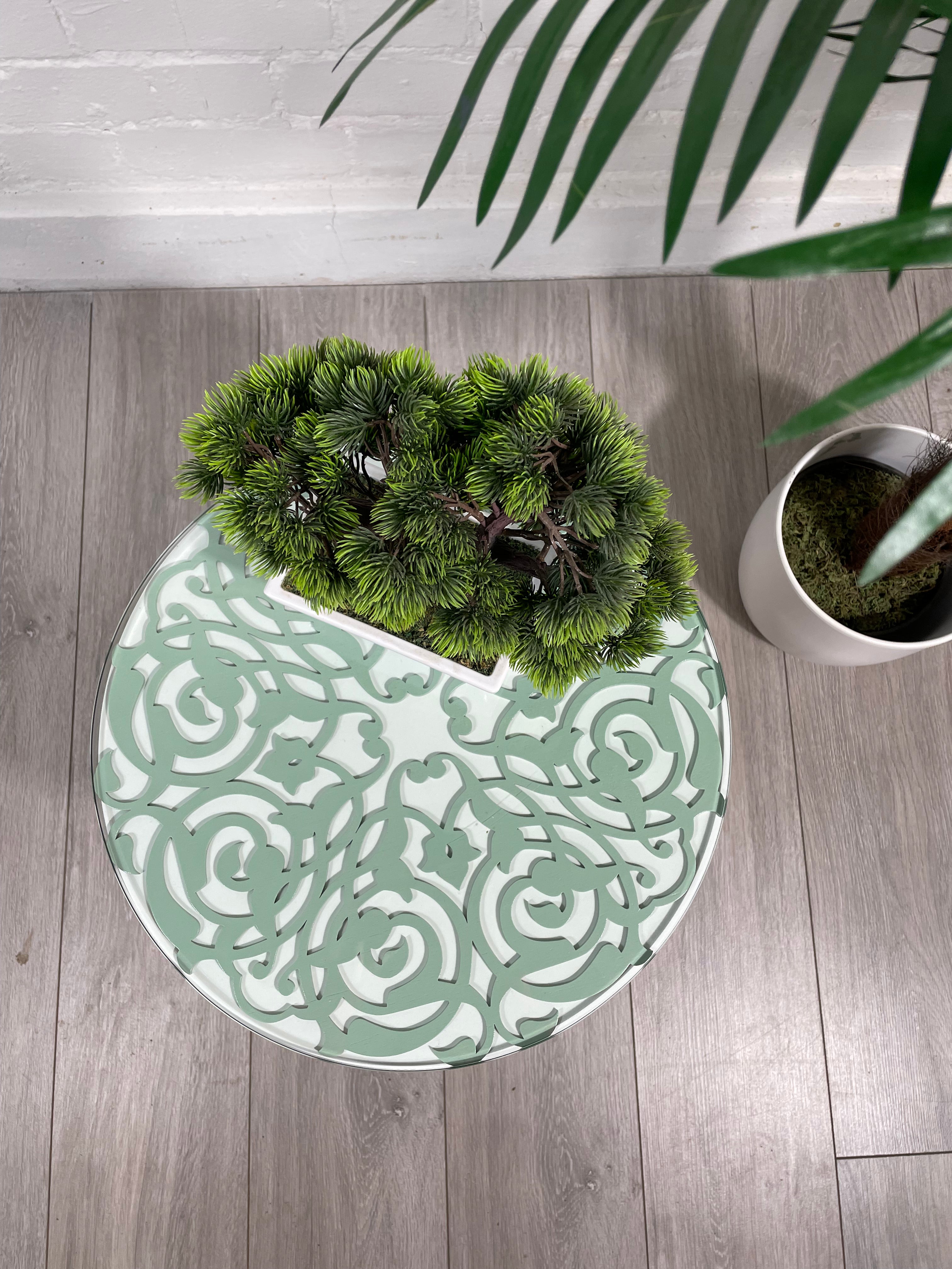 Arabesque Moroccan Side Table in Pastel Green and White Finish Pin Legs Zellige Table Glass Top