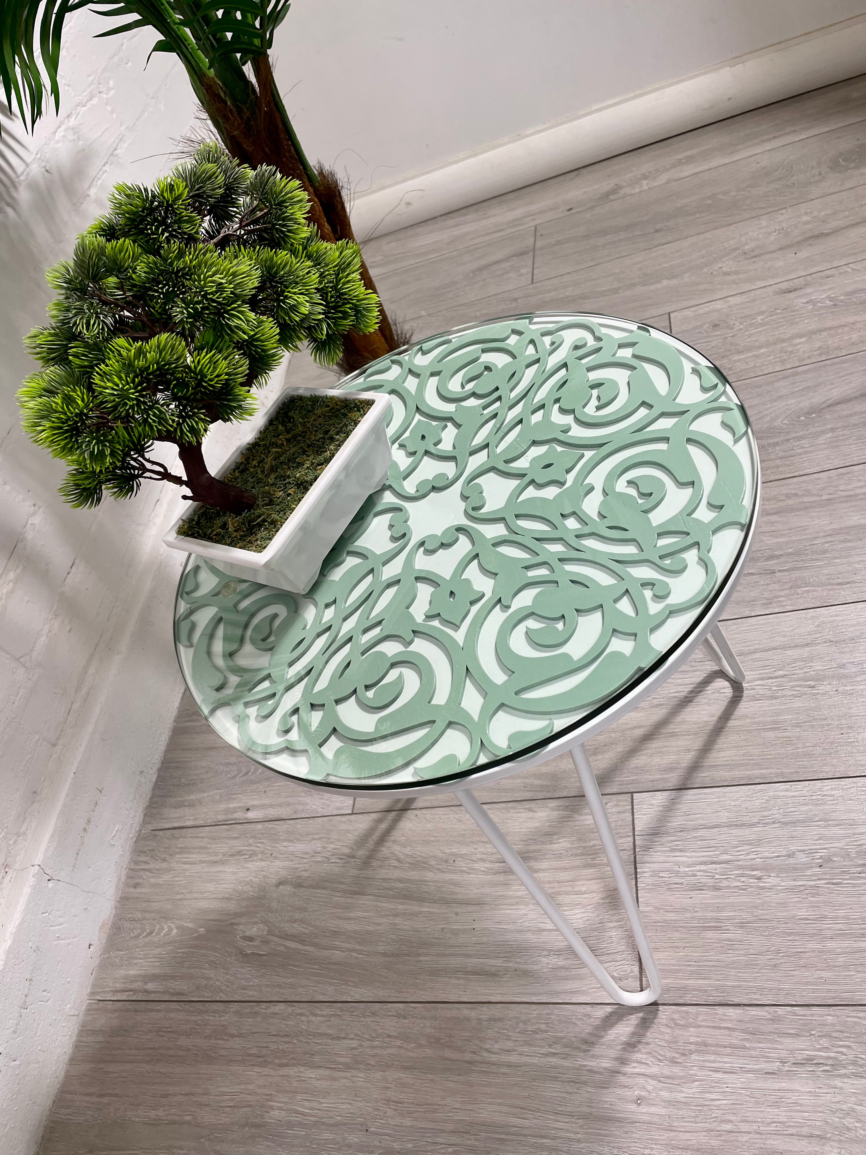 Arabesque Moroccan Side Table in Pastel Green and White Finish Pin Legs Zellige Table Glass Top