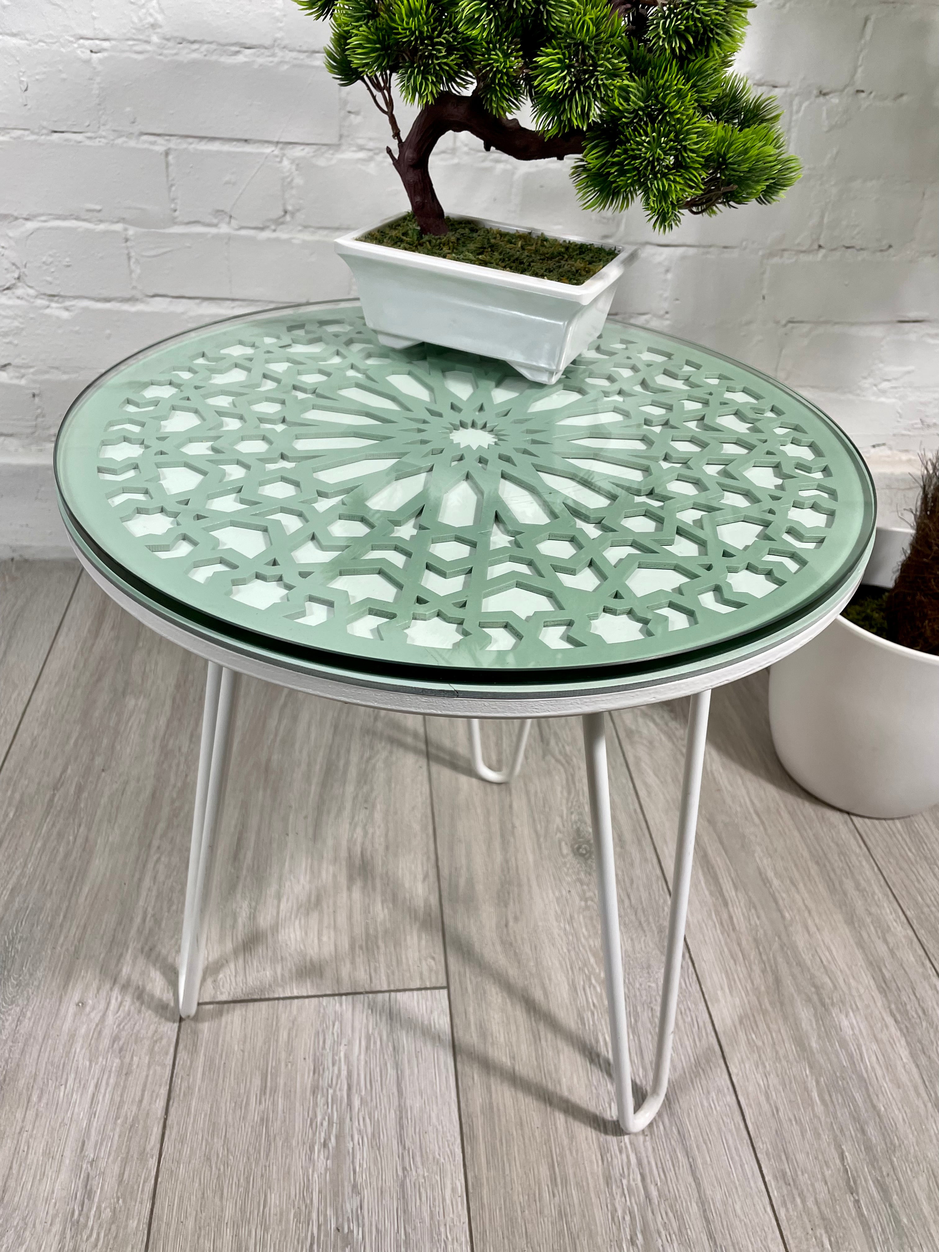 Moroccan Mosaic Side Table Pin Legs, Zellige Table Green Pastel and White with Glass Top