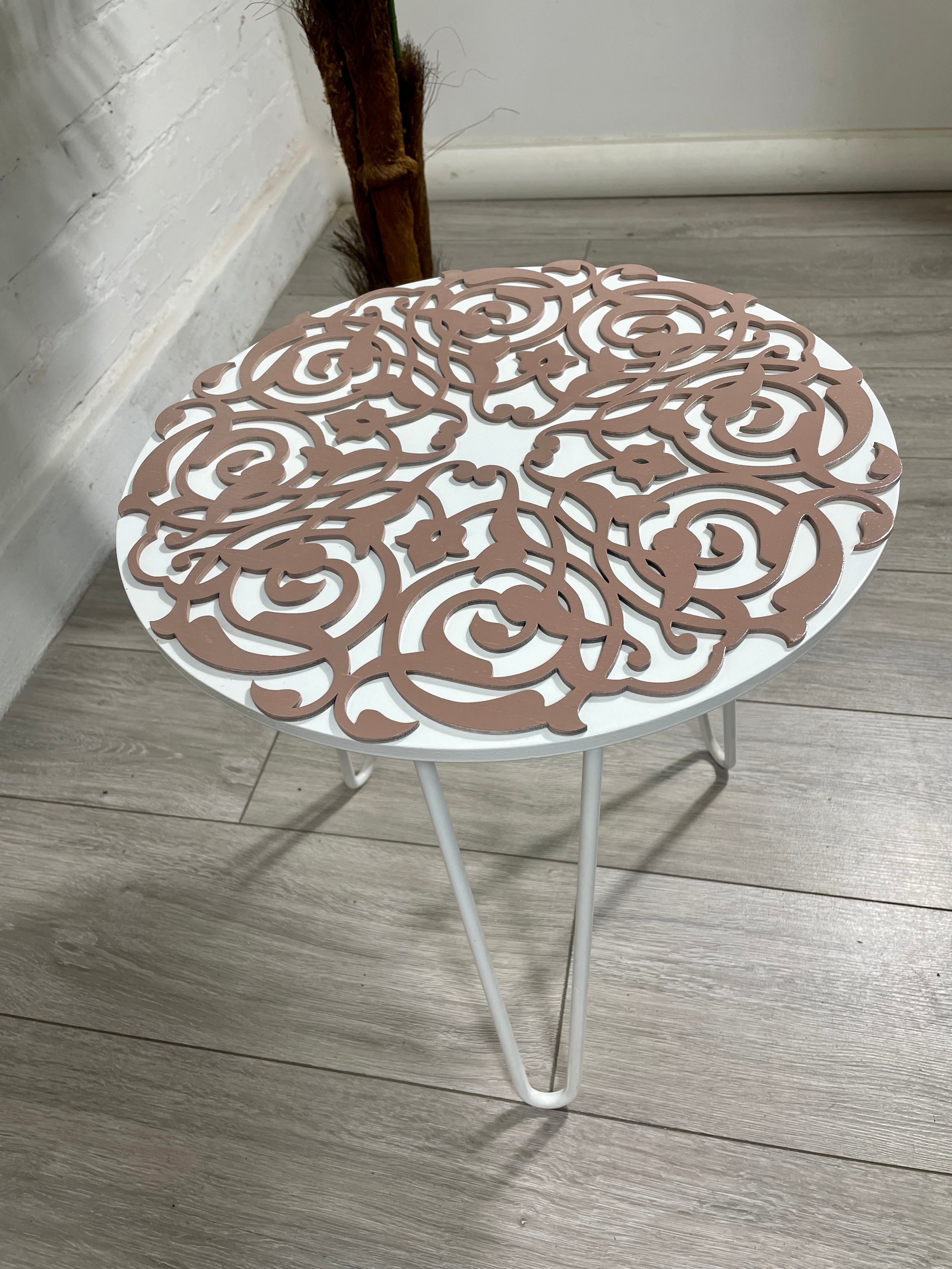 Arabesque Moroccan Side Table In White and Old Pink Finish Pin Legs Zellige Table Glass Top