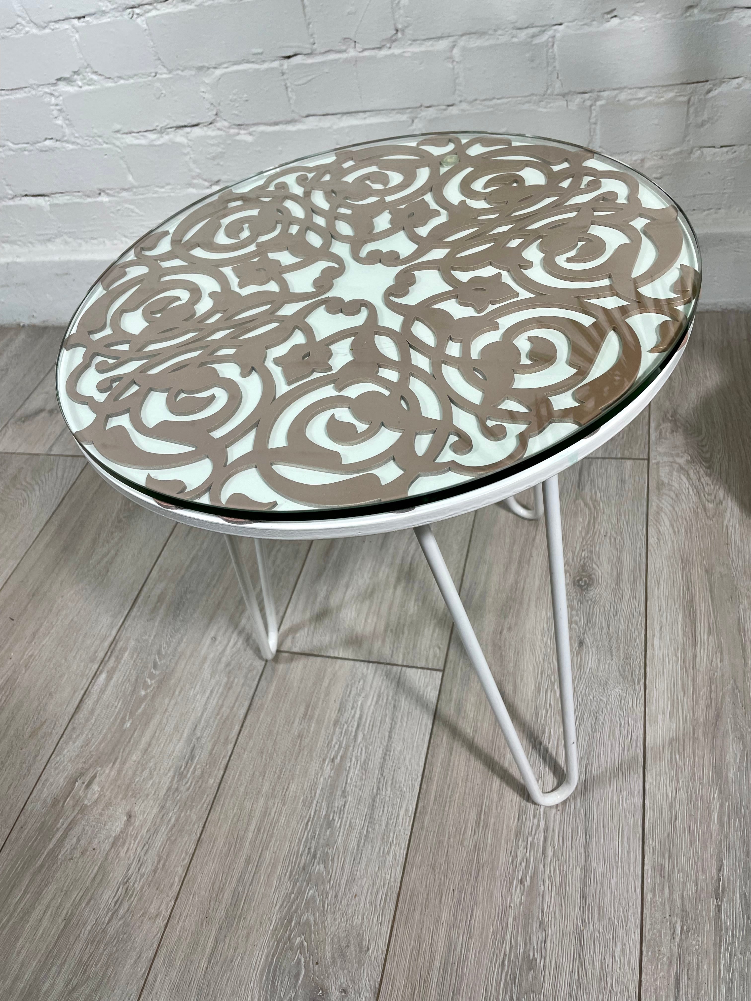 Arabesque Moroccan Side Table In White and Old Pink Finish Pin Legs Zellige Table Glass Top