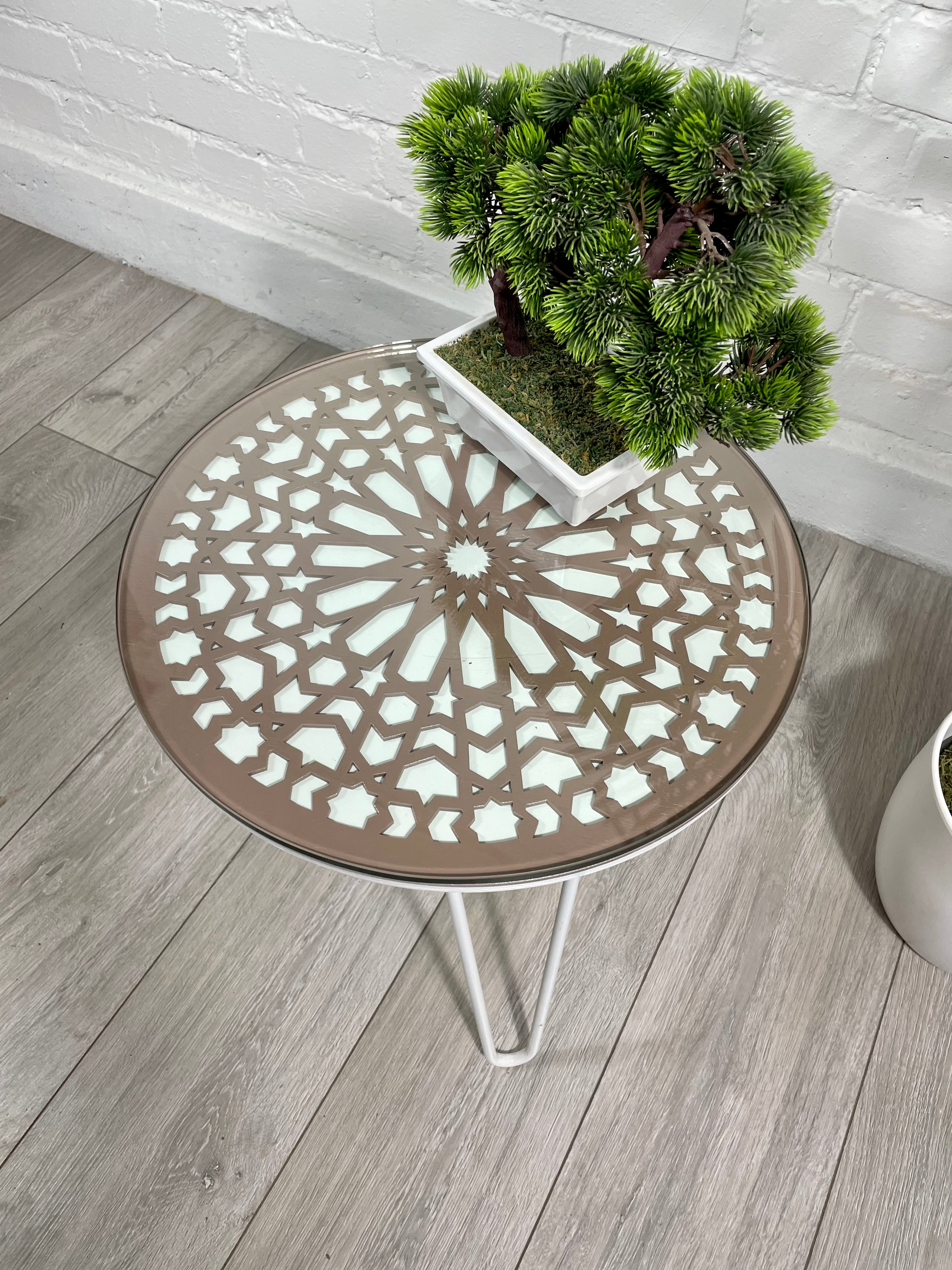 Moroccan Mosaic Side Table Pin Legs | Zellige Table White and Dusty Pink with Glass Top