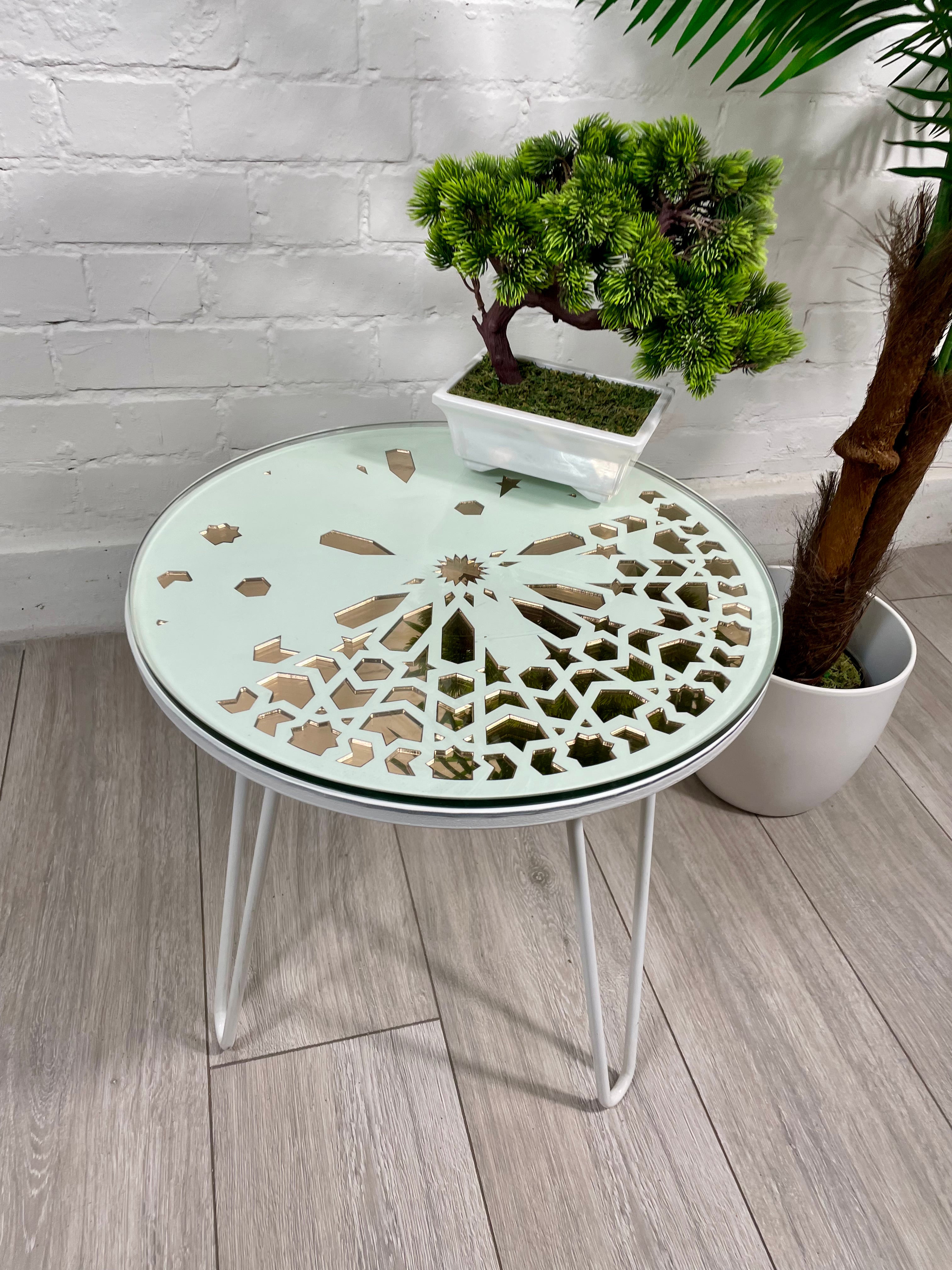 Moroccan Mosaic Side Table Pin Legs Zellige Table  With Rose Gold Mirror Inlays
